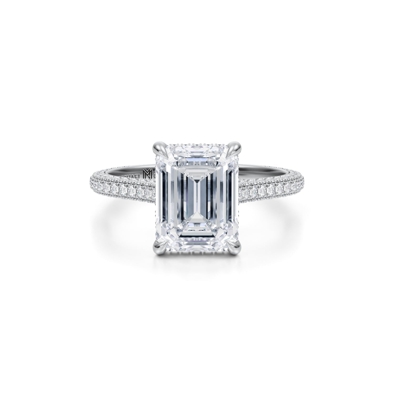 Emerald Trio Pave Cathedral Ring With Pave Basket (2.50 Carat E-VVS2) - Michael Gabriels