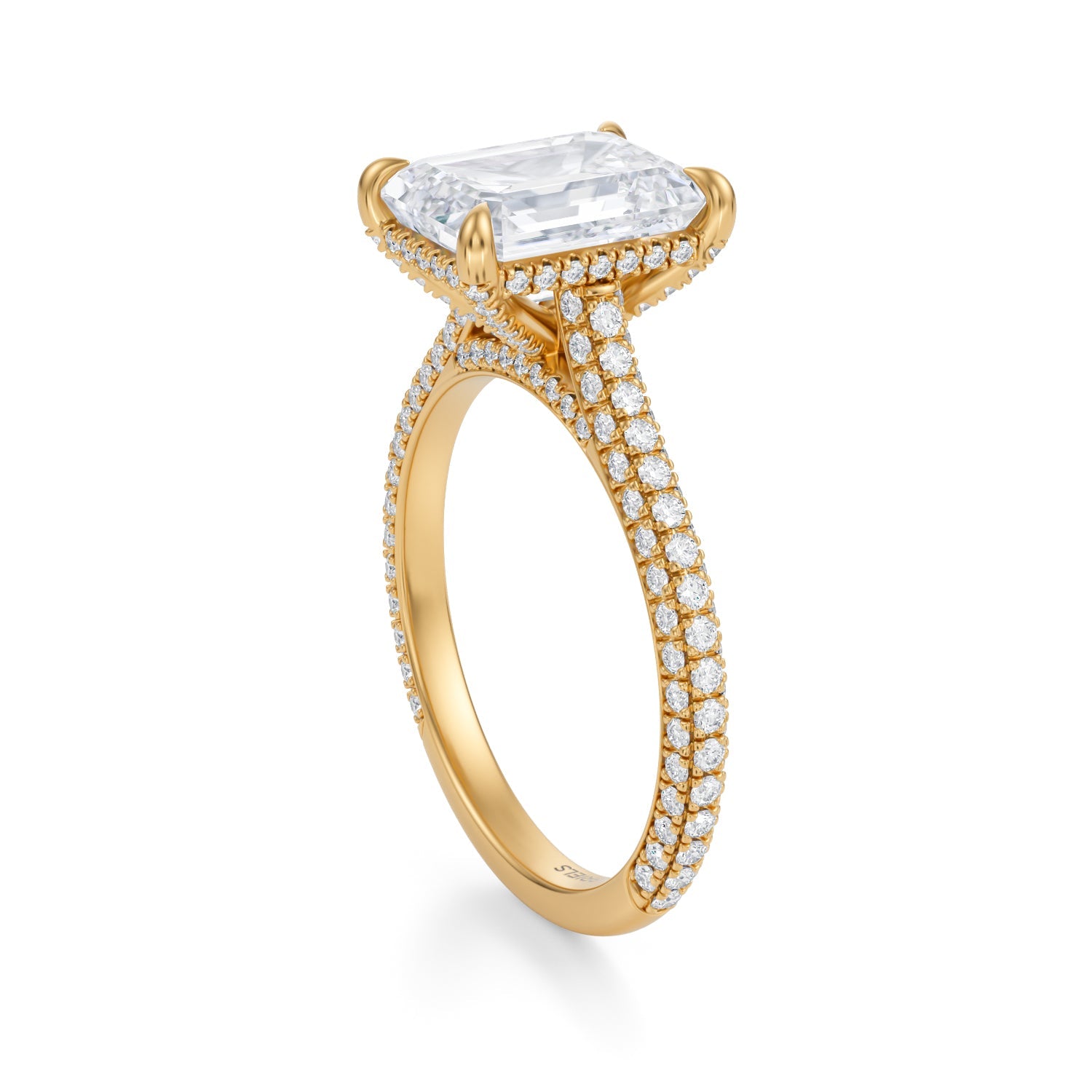 Emerald Trio Pave Cathedral Ring With Pave Basket (3.70 Carat E-VS1) - Michael Gabriels