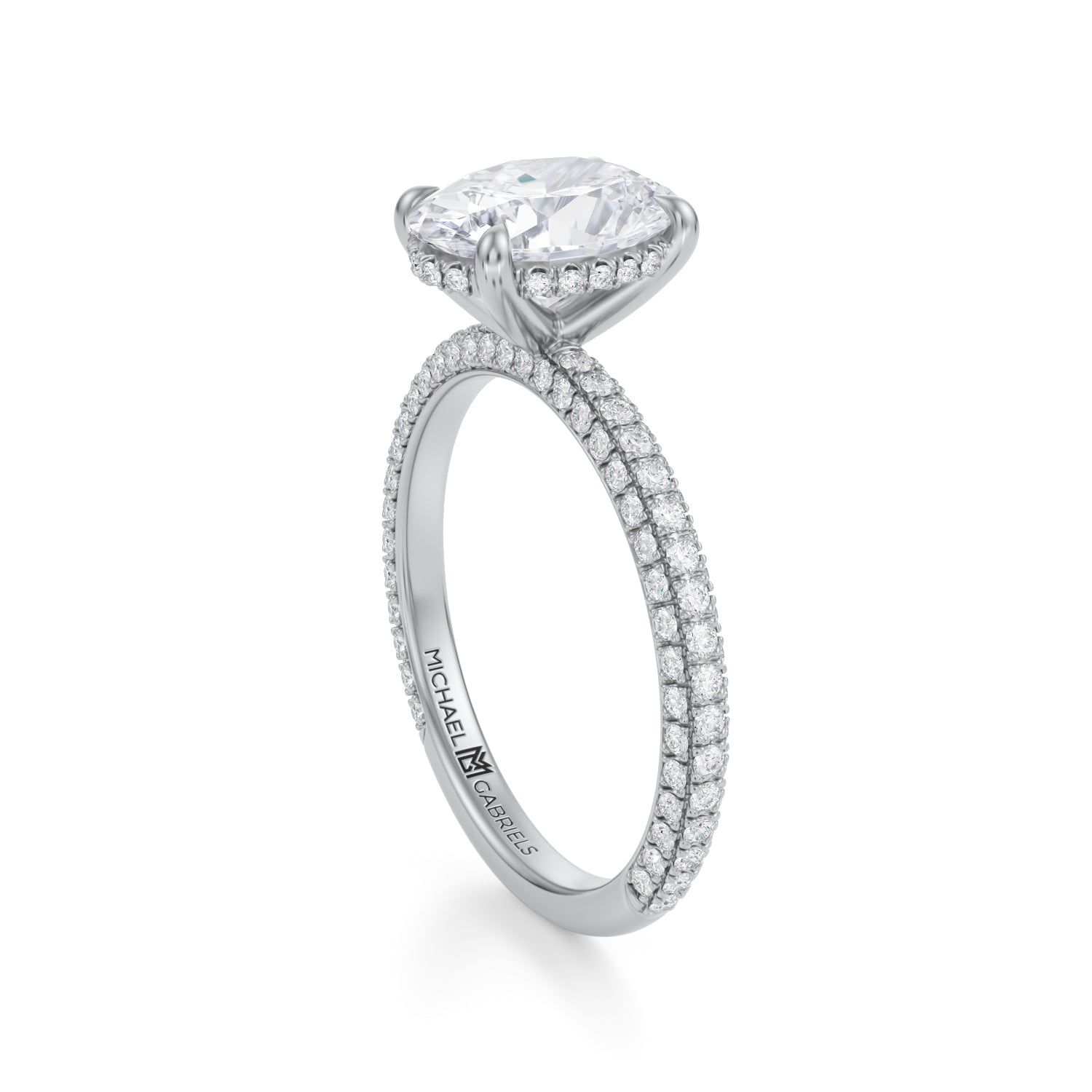 Oval Invisible Halo With Trio Pave Ring (3.20 Carat D-VVS2) - Michael Gabriels