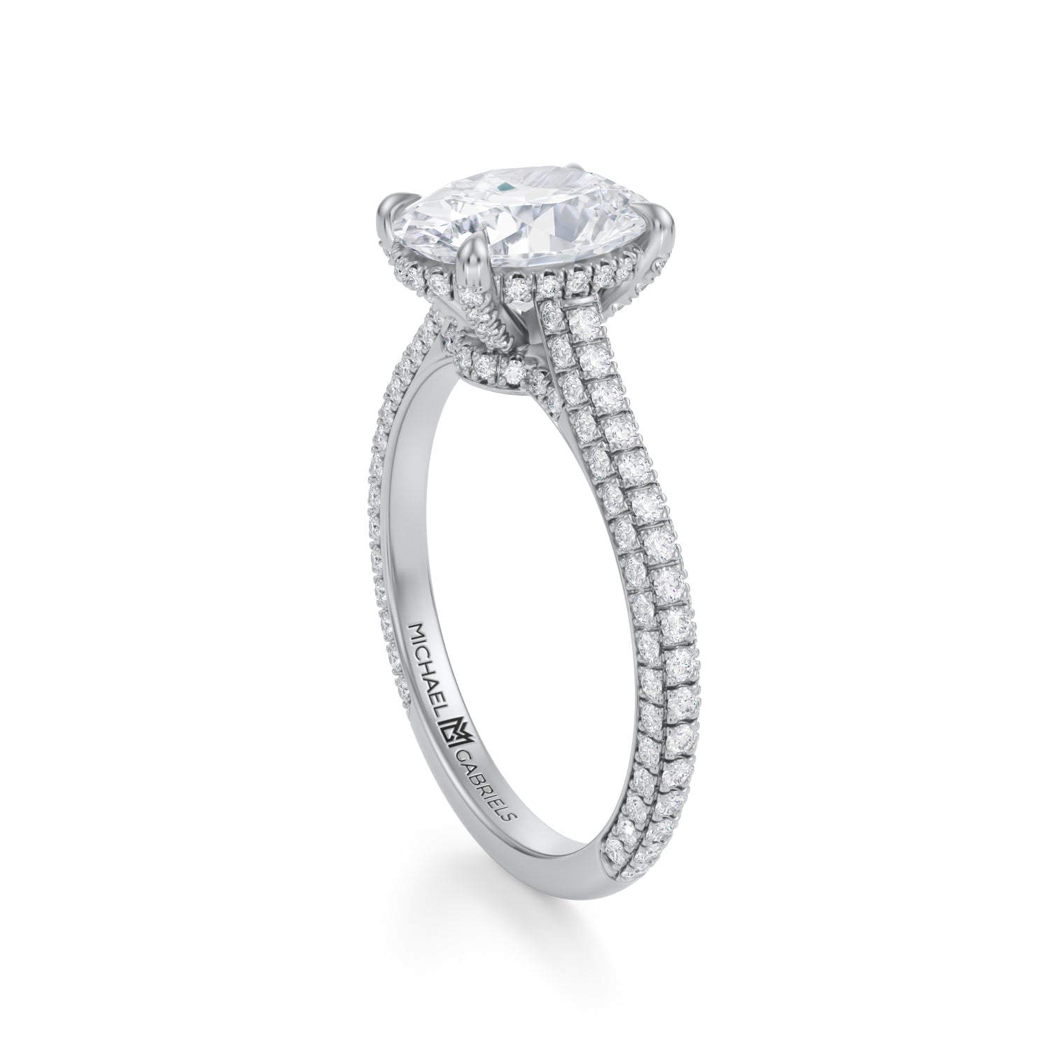 Oval Trio Pave Cathedral Ring With Low Pave Basket (3.00 Carat E-VS1) - Michael Gabriels