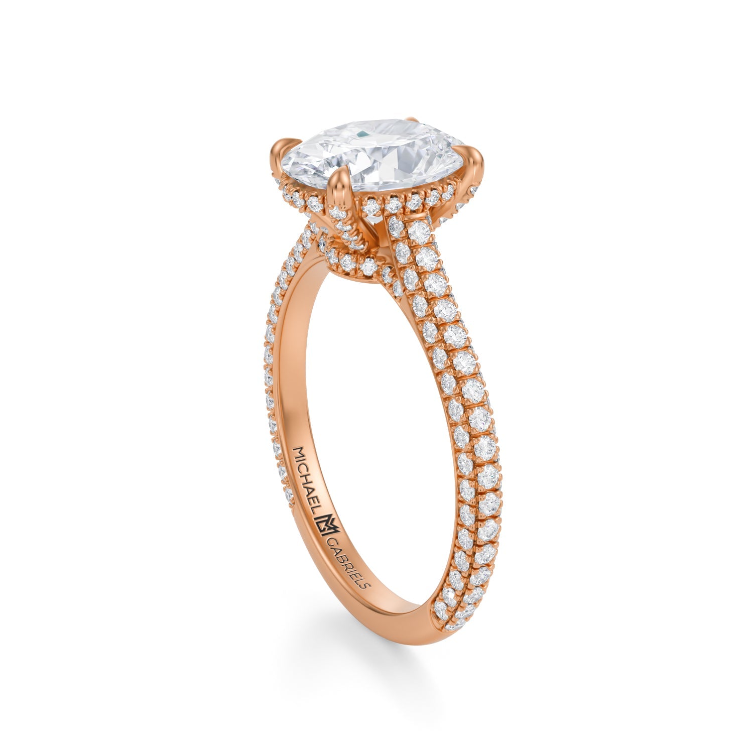 Oval Trio Pave Cathedral Ring With Low Pave Basket (3.40 Carat D-VVS2) - Michael Gabriels