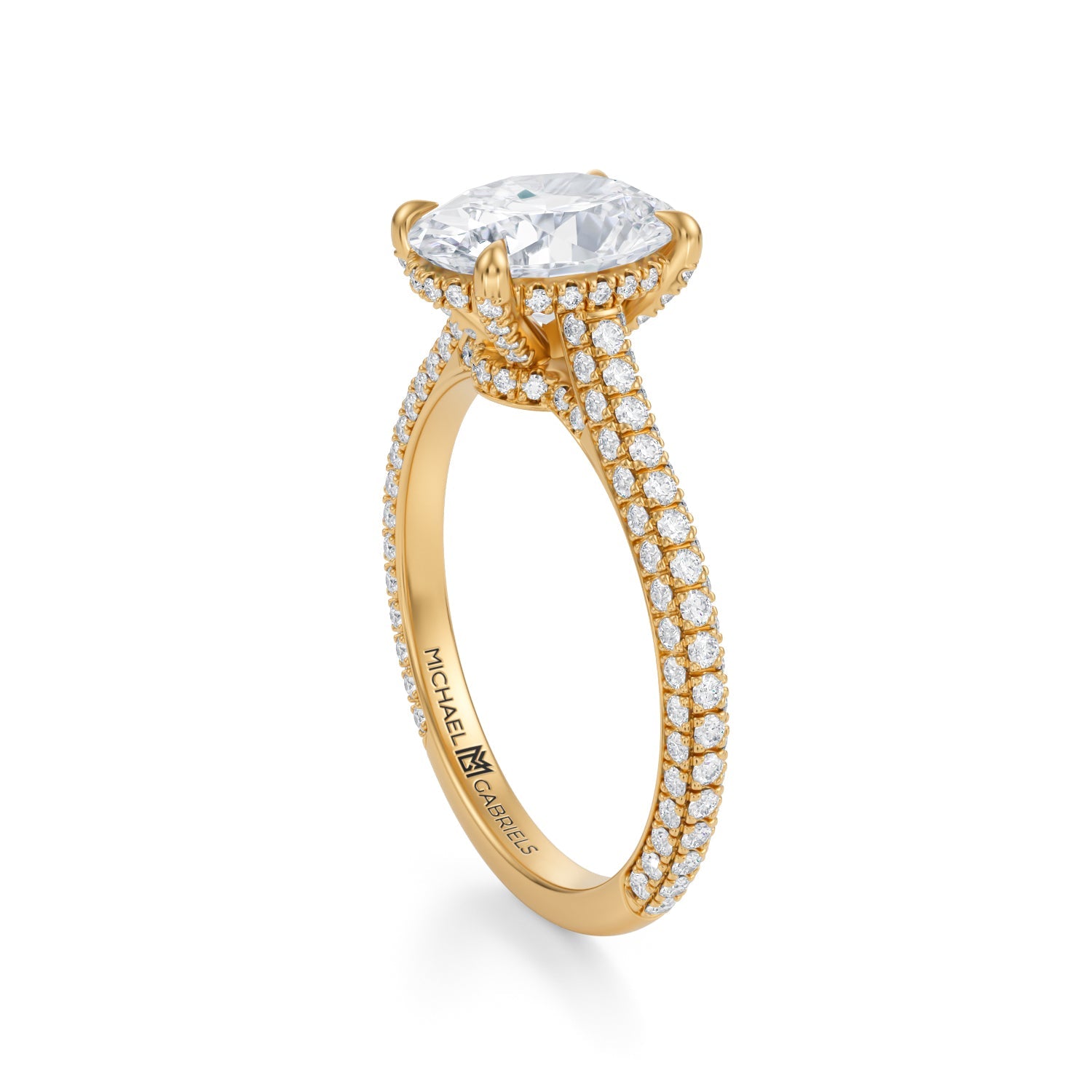 Oval Trio Pave Cathedral Ring With Low Pave Basket (3.40 Carat D-VVS2) - Michael Gabriels