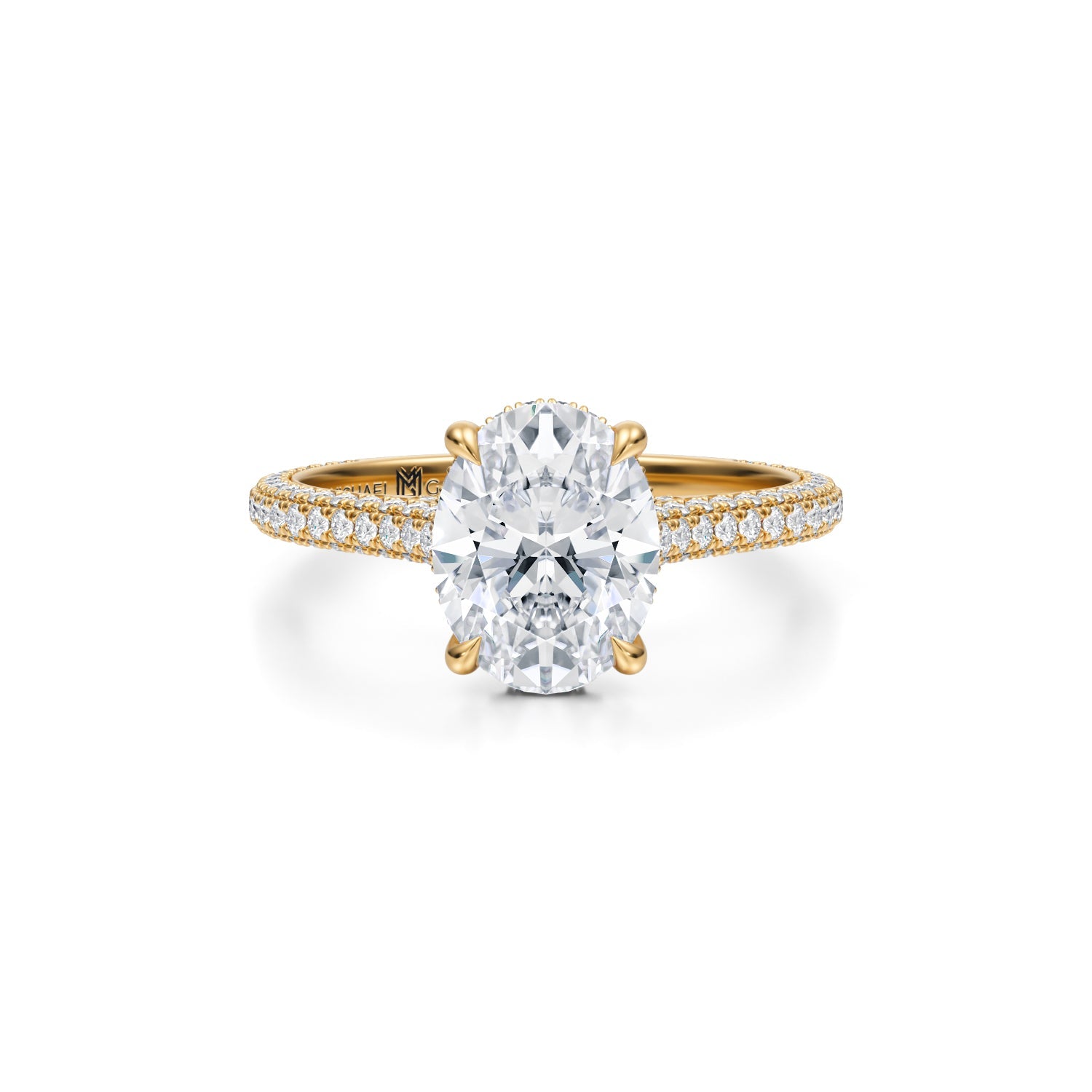 Oval Trio Pave Cathedral Ring With Pave Basket (2.20 Carat E-VS1) - Michael Gabriels