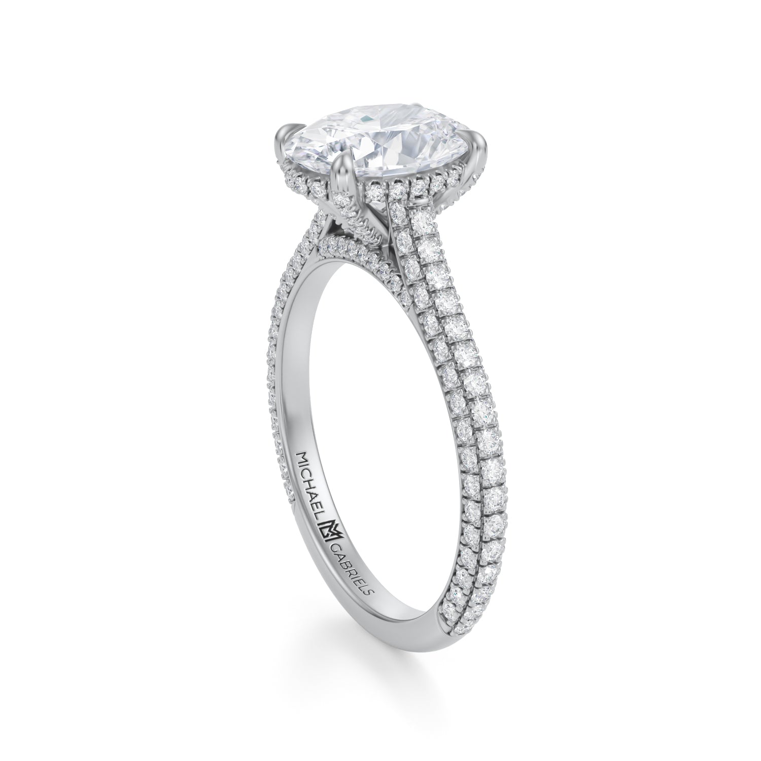 Oval Trio Pave Cathedral Ring With Pave Basket (2.20 Carat E-VVS2) - Michael Gabriels