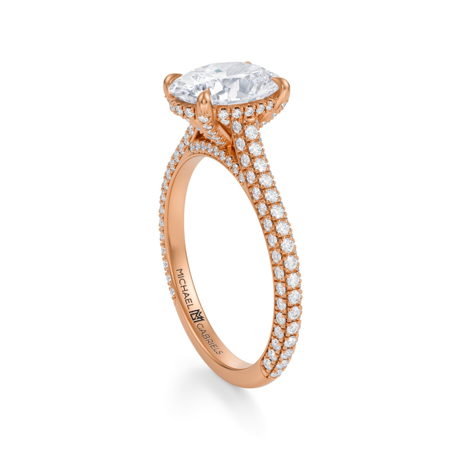Oval Trio Pave Cathedral Ring With Pave Basket (2.40 Carat F-VS1) - Michael Gabriels