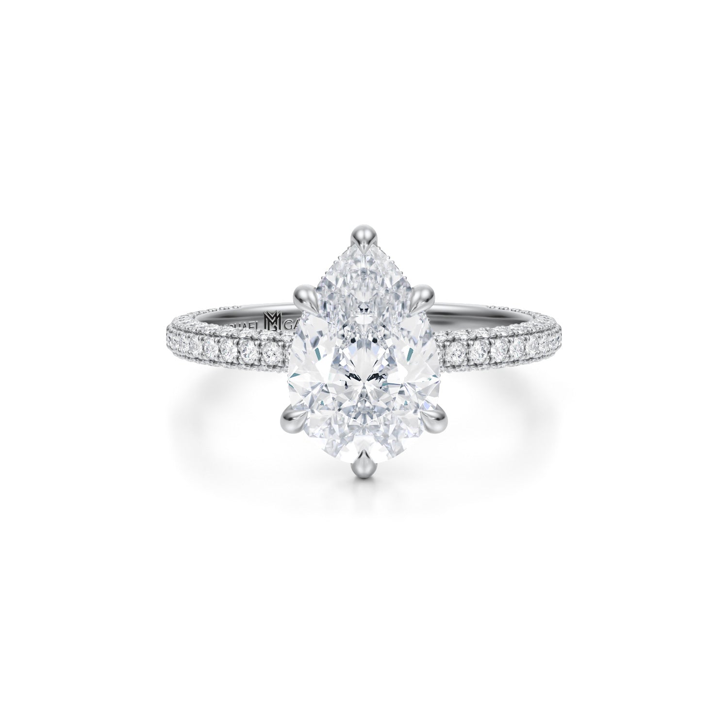 Pear Invisible Halo With Trio Pave Ring (3.20 Carat E-VS1) - Michael Gabriels