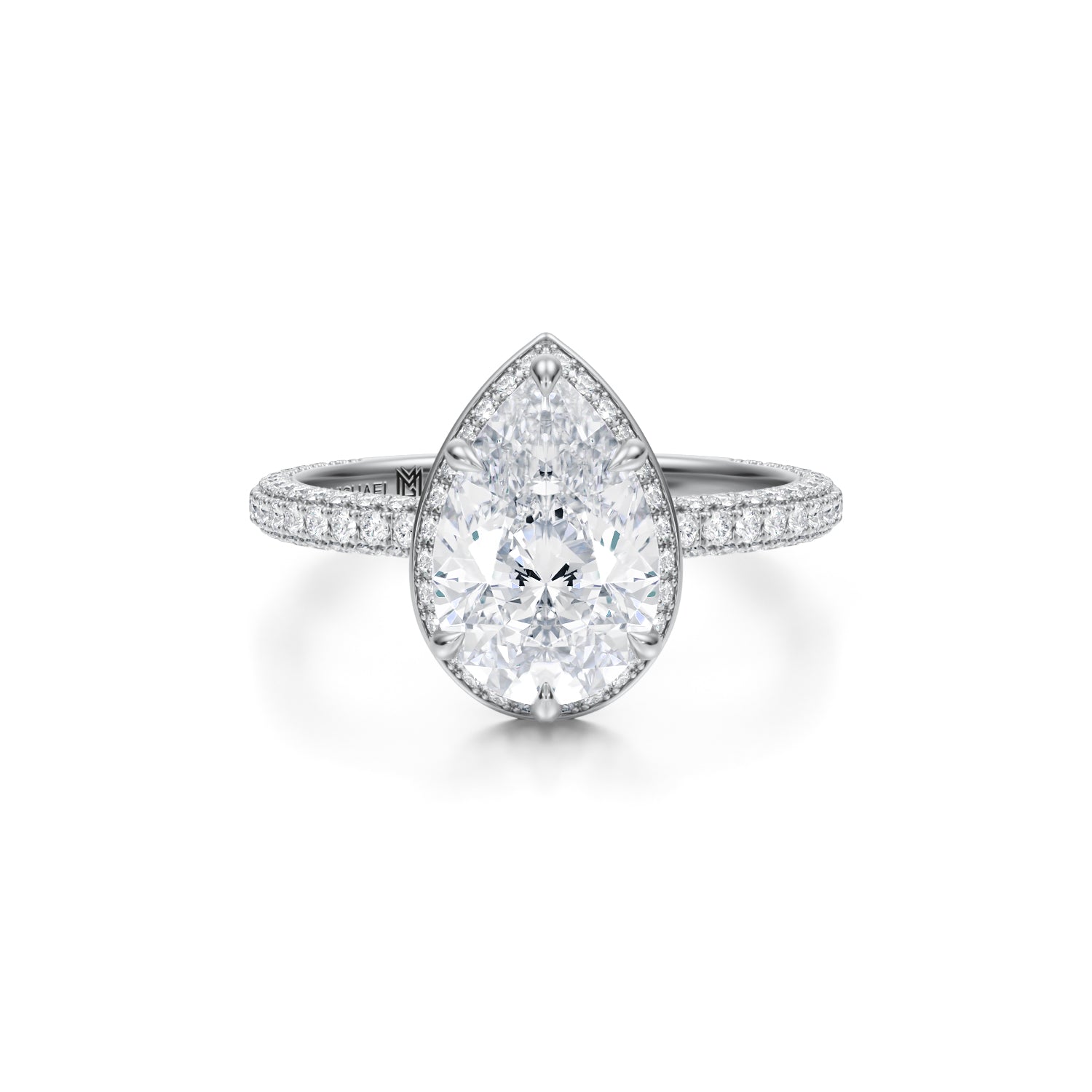 Pear Knife Edge Halo With Trio Pave Ring (1.70 Carat E-VVS2) - Michael Gabriels