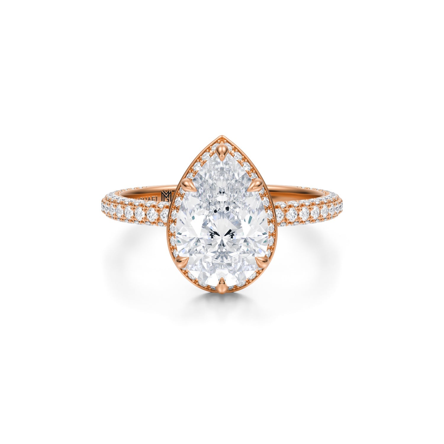 Pear Knife Edge Halo With Trio Pave Ring (3.70 Carat E-VVS2) - Michael Gabriels