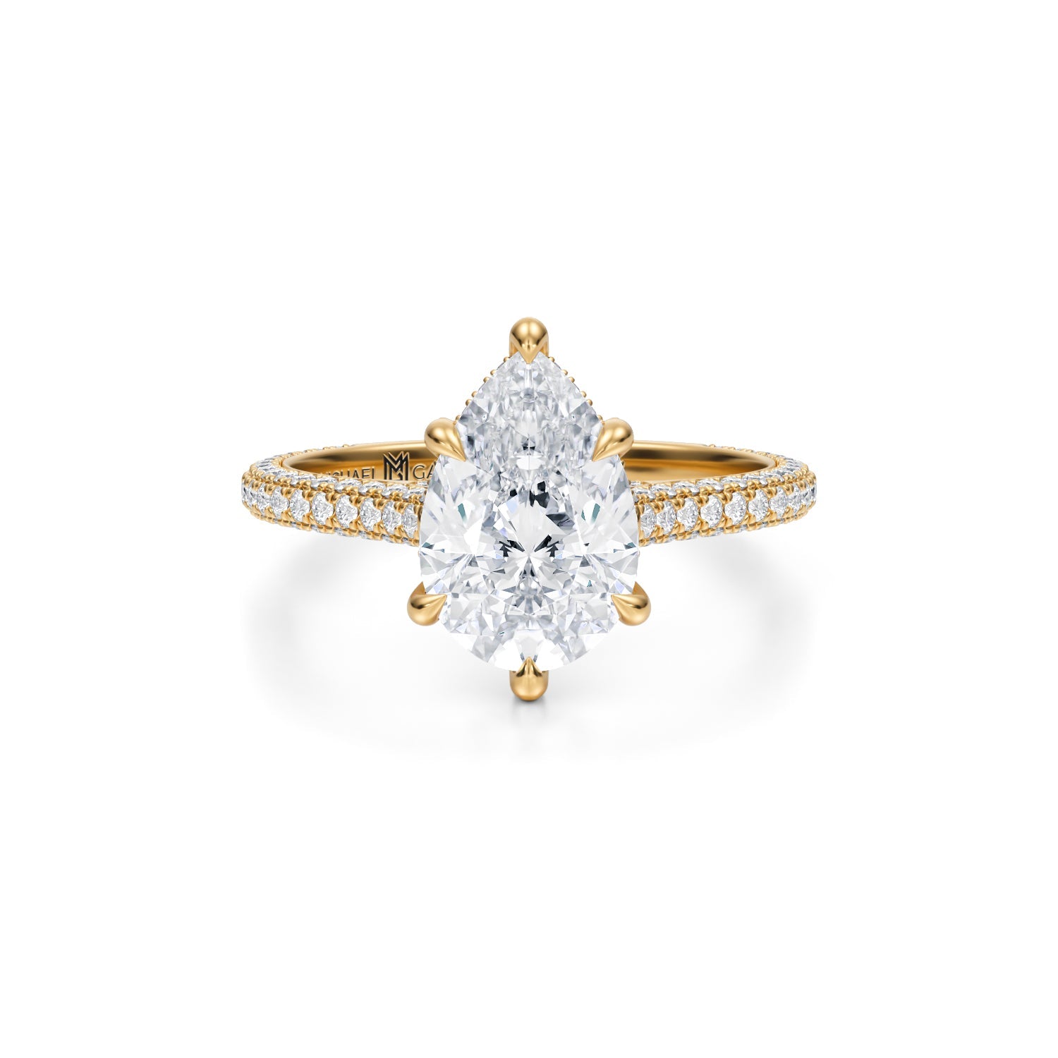 Pear Trio Pave Cathedral Ring With Low Pave Basket (3.00 Carat E-VS1) - Michael Gabriels