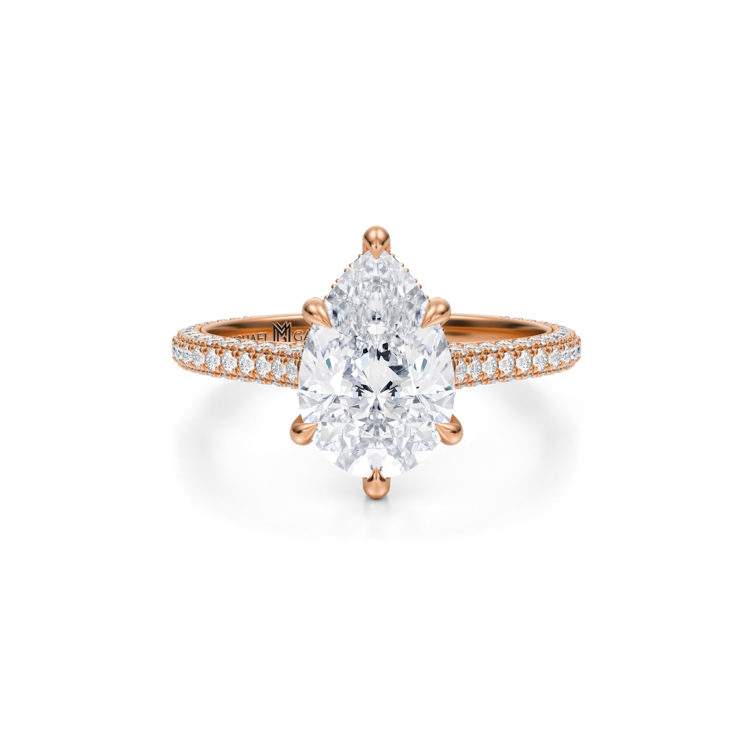 Pear Trio Pave Cathedral Ring With Low Pave Basket (3.00 Carat F-VS1) - Michael Gabriels