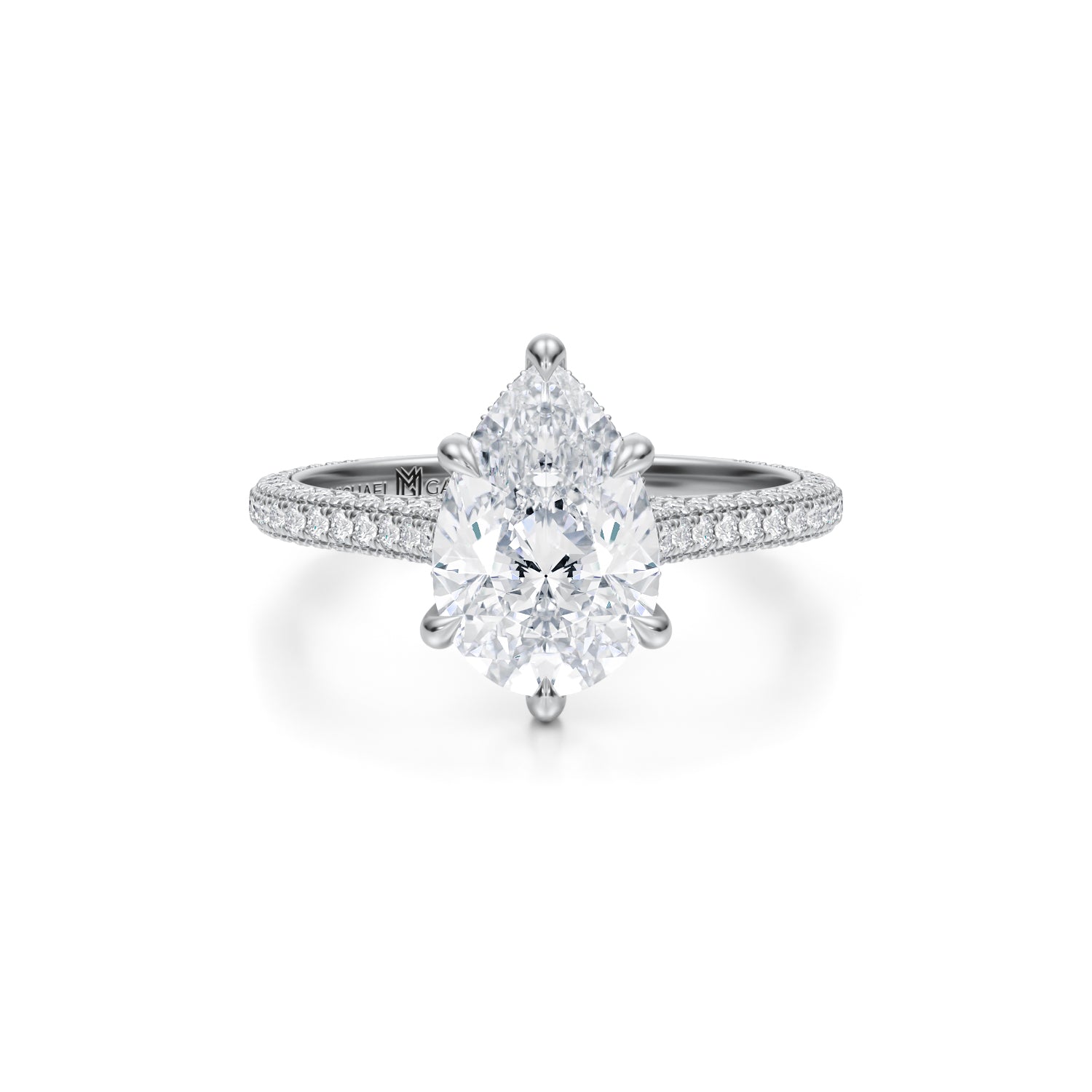 Pear Trio Pave Cathedral Ring With Pave Basket (1.70 Carat D-VVS2) - Michael Gabriels