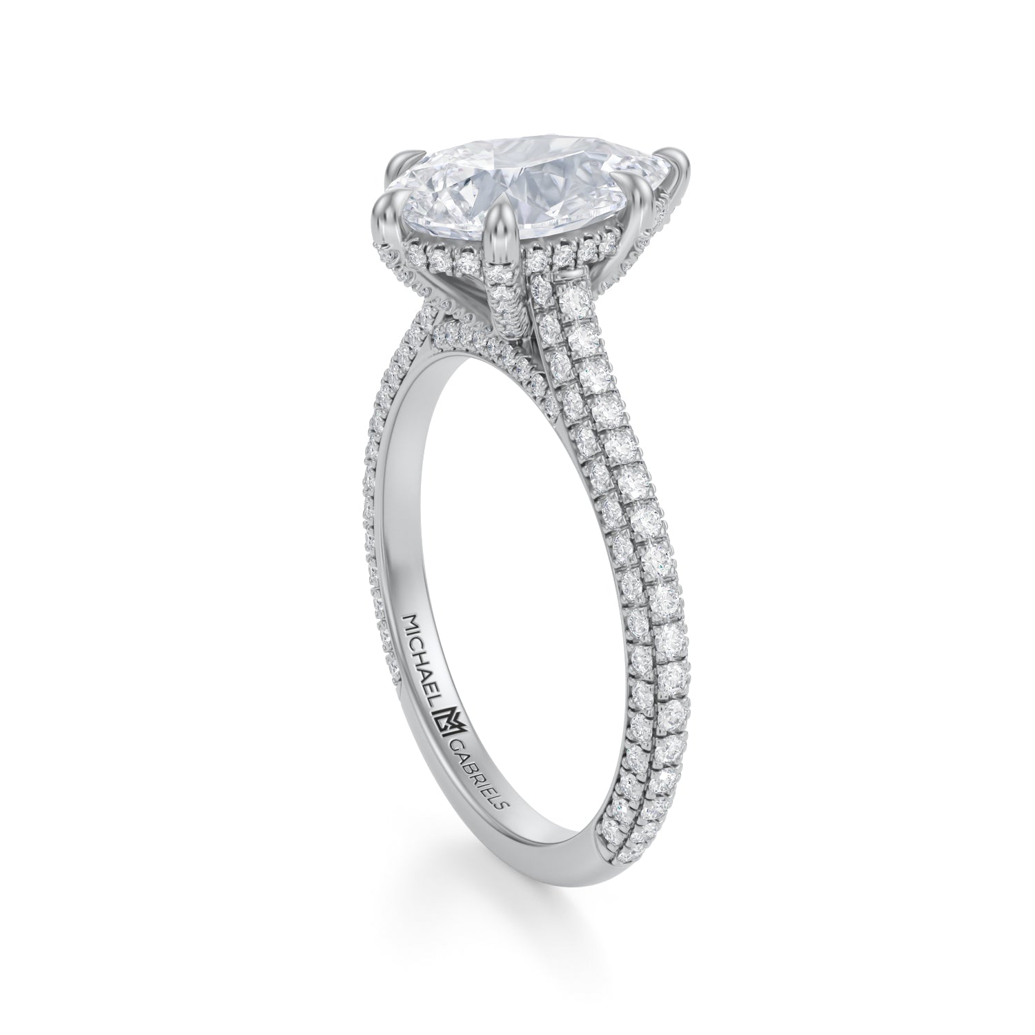 Pear Trio Pave Cathedral Ring With Pave Basket (3.70 Carat F-VS1) - Michael Gabriels