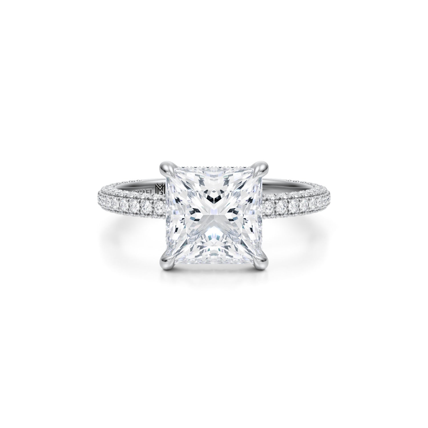 Princess Invisible Halo With Trio Pave Ring (3.40 Carat F-VVS2) - Michael Gabriels