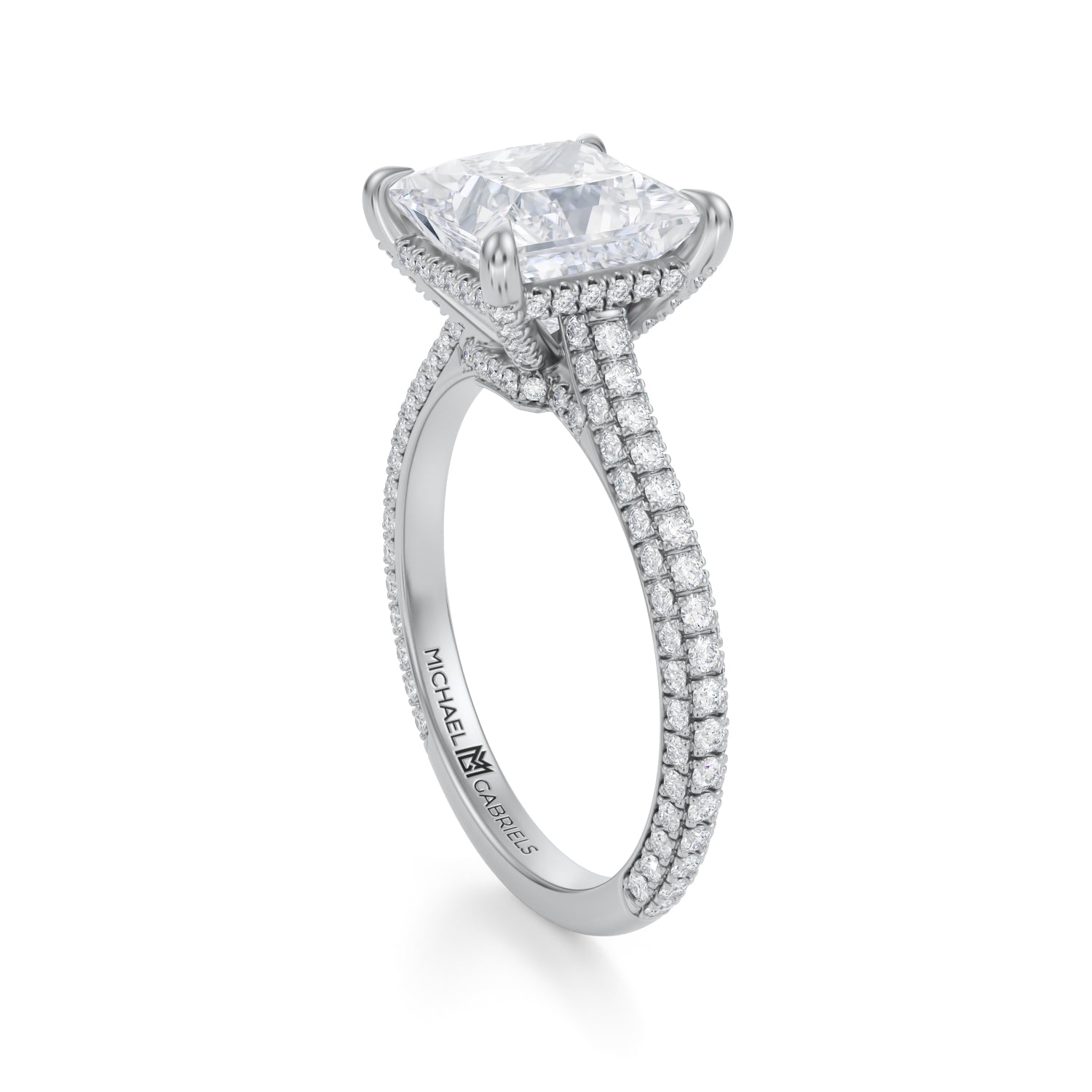 Princess Trio Pave Cathedral Ring With Low Pave Basket (3.00 Carat E-VS1) - Michael Gabriels