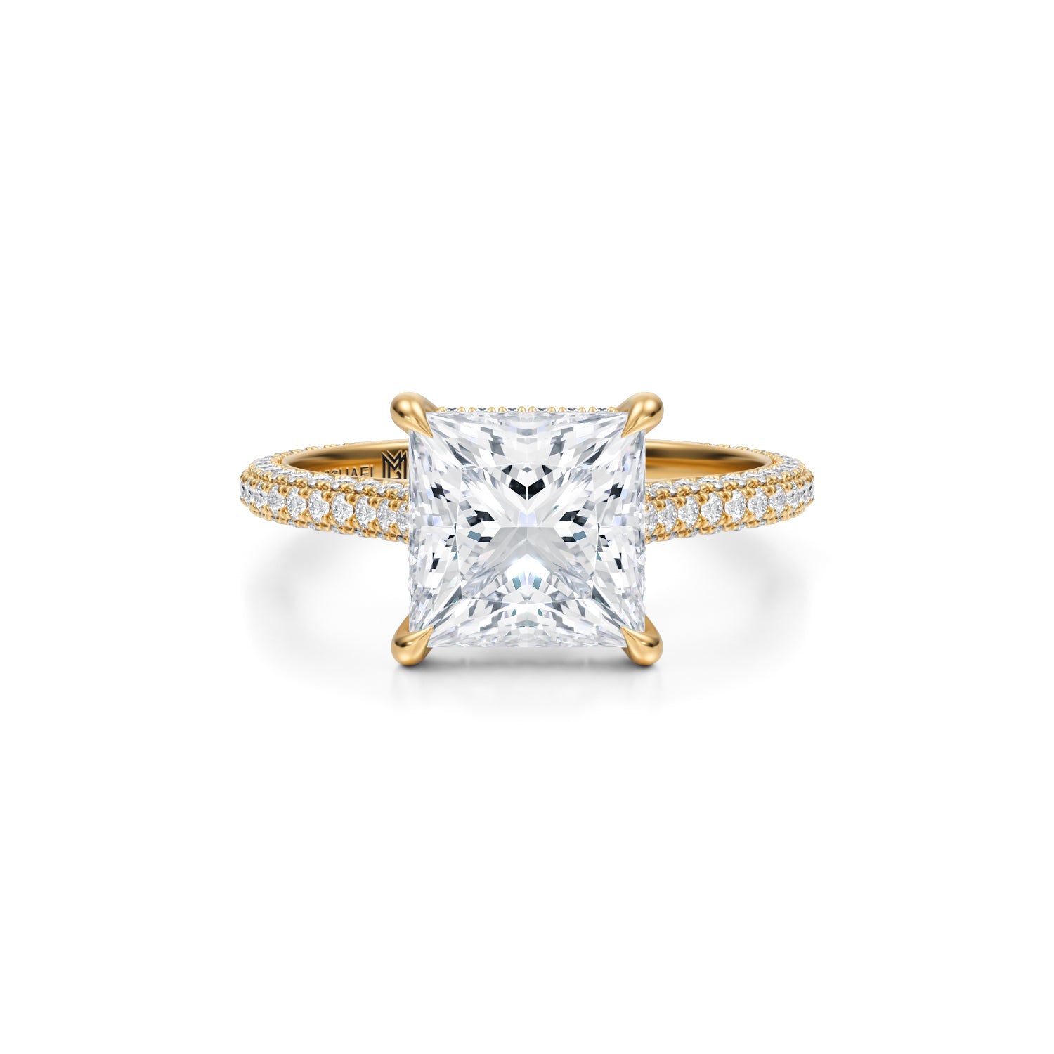 Princess Trio Pave Cathedral Ring With Low Pave Basket (3.20 Carat F-VS1) - Michael Gabriels