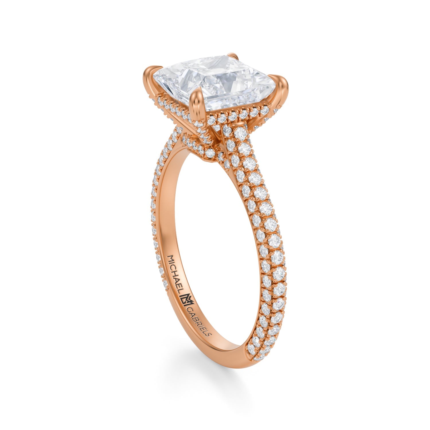 Princess Trio Pave Cathedral Ring With Low Pave Basket (3.50 Carat D-VS1) - Michael Gabriels