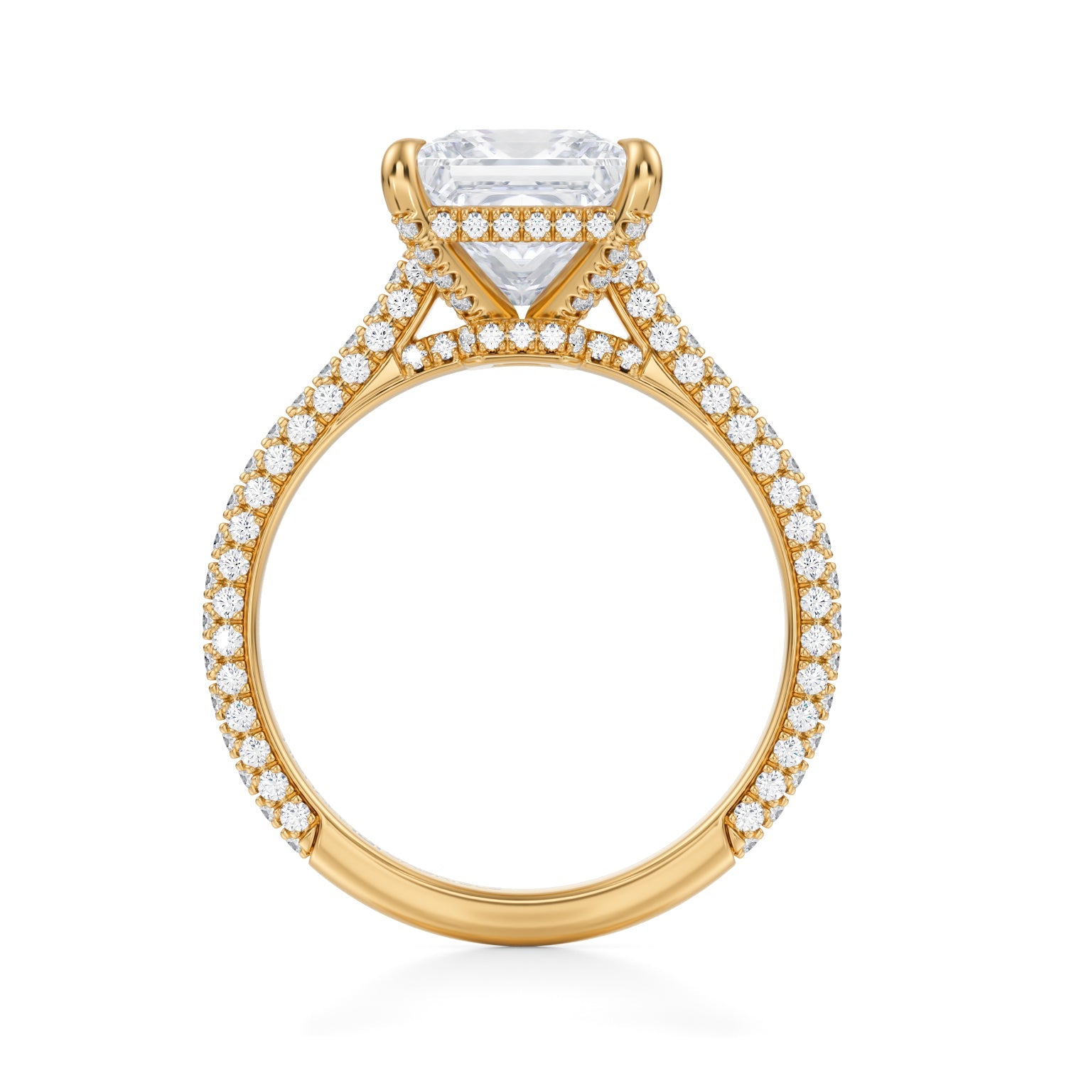 Princess Trio Pave Cathedral Ring With Low Pave Basket (3.70 Carat F-VVS2) - Michael Gabriels