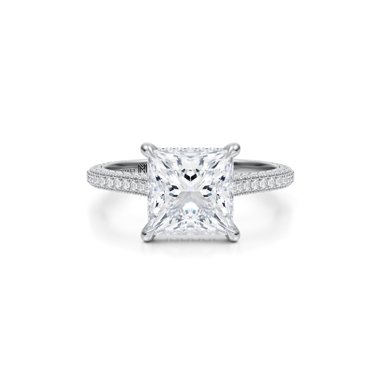 Princess Trio Pave Cathedral Ring With Pave Basket (2.70 Carat E-VS1) - Michael Gabriels