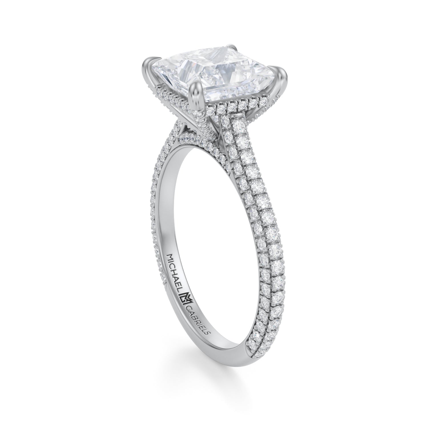 Princess Trio Pave Cathedral Ring With Pave Basket (2.70 Carat E-VVS2) - Michael Gabriels