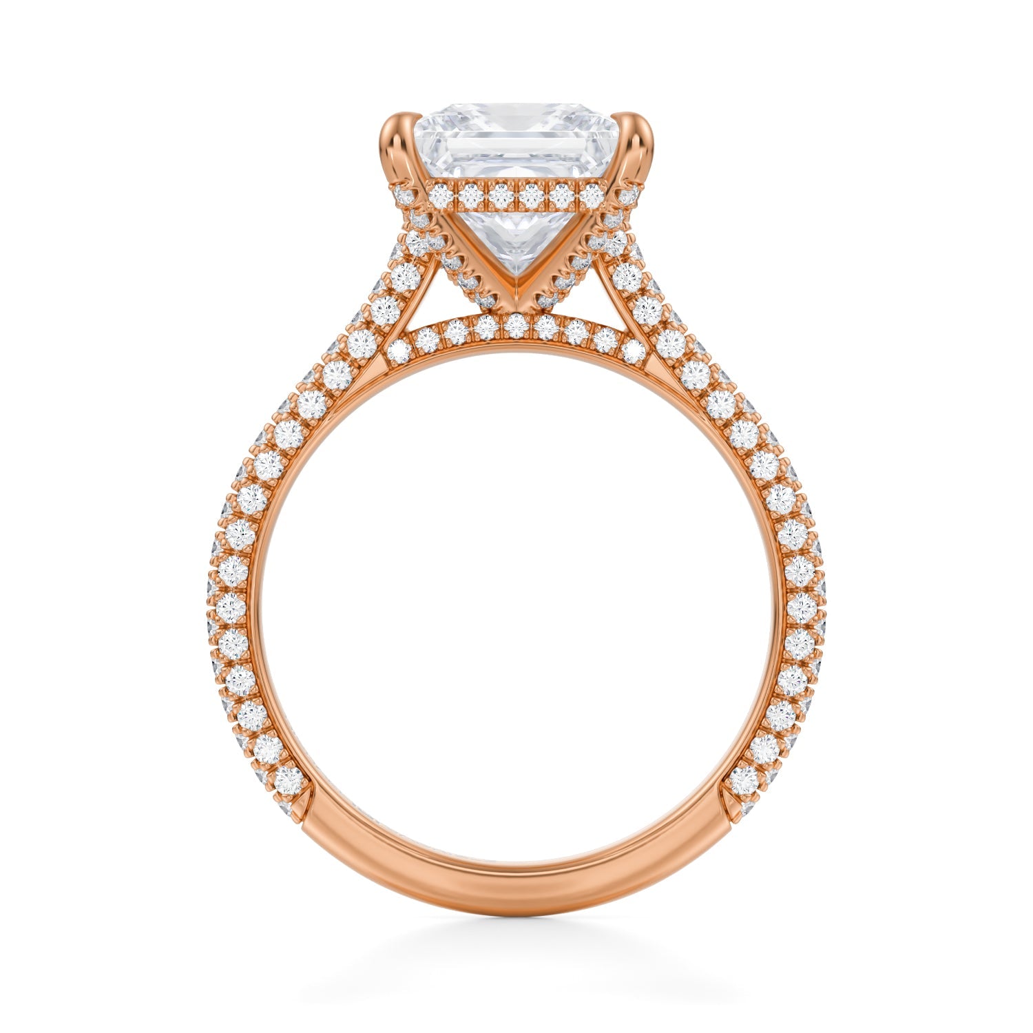 Princess Trio Pave Cathedral Ring With Pave Basket (3.20 Carat E-VS1) - Michael Gabriels