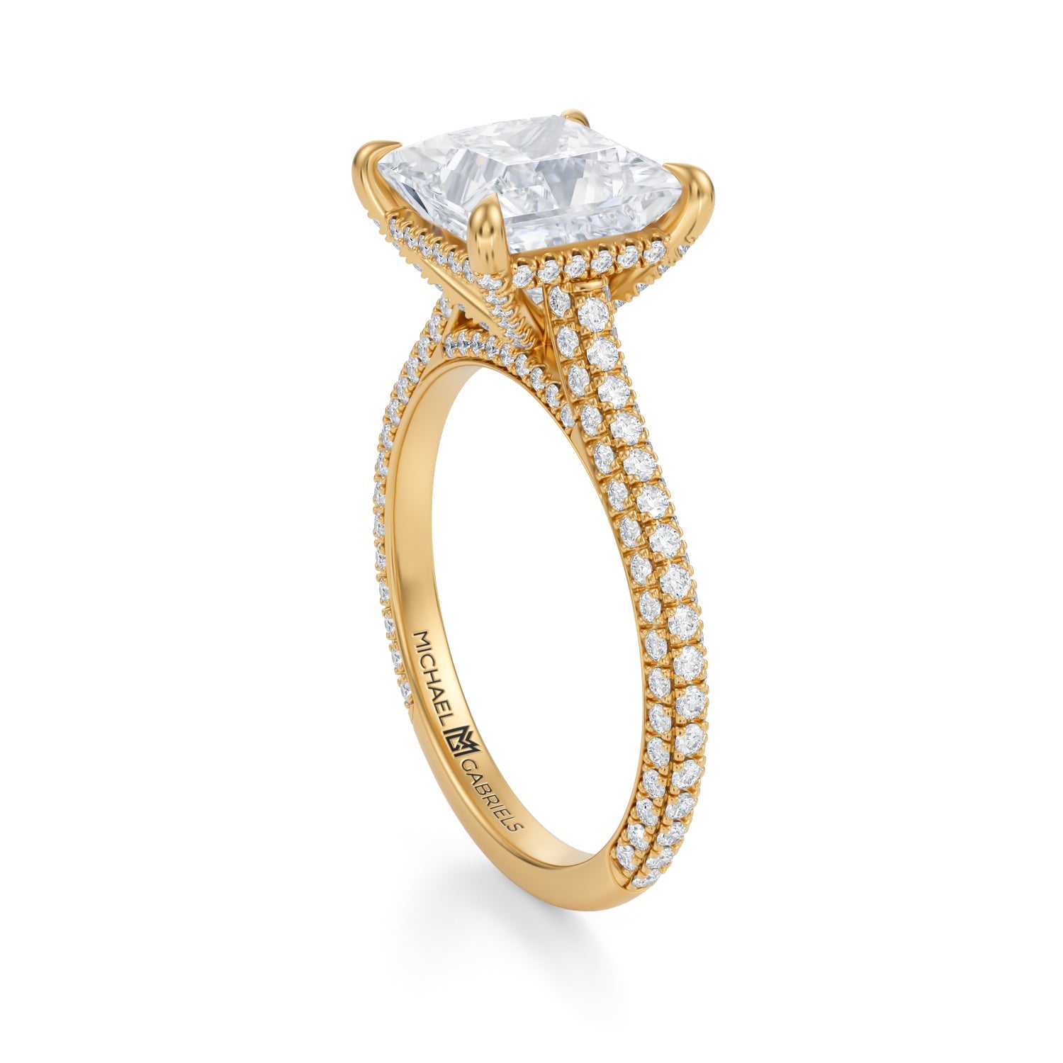 Princess Trio Pave Cathedral Ring With Pave Basket (3.20 Carat E-VS1) - Michael Gabriels