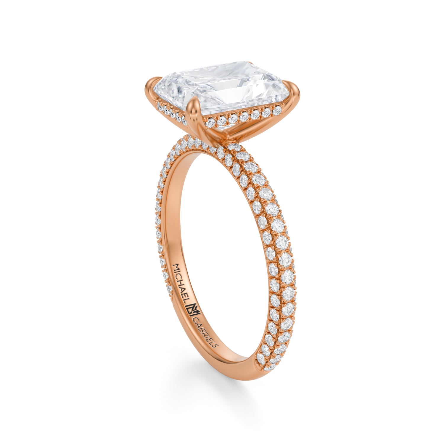 Radiant Invisible Halo With Trio Pave Ring (3.20 Carat E-VS1) - Michael Gabriels