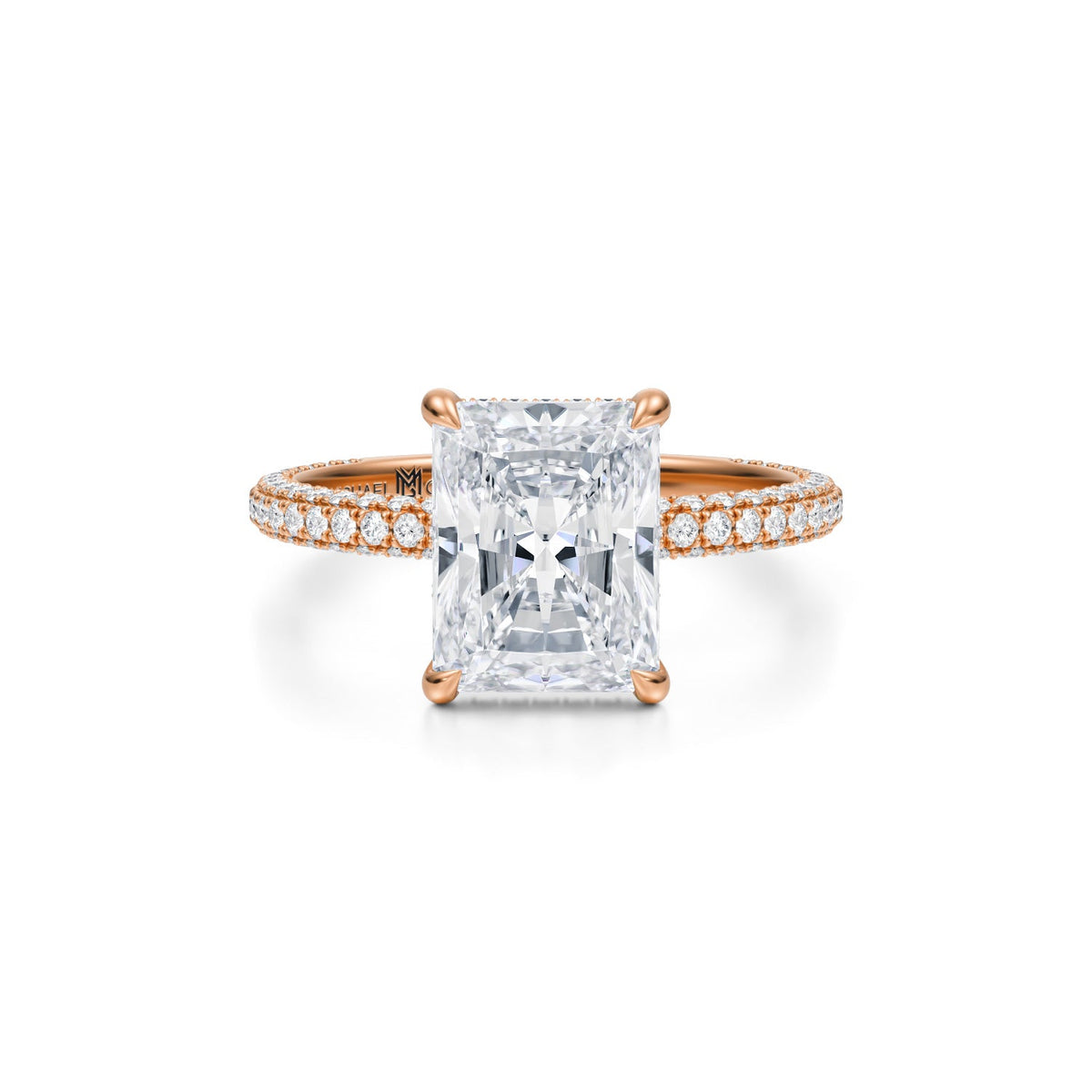 Radiant Invisible Halo With Trio Pave Ring (3.70 Carat F-VS1) - Michael Gabriels