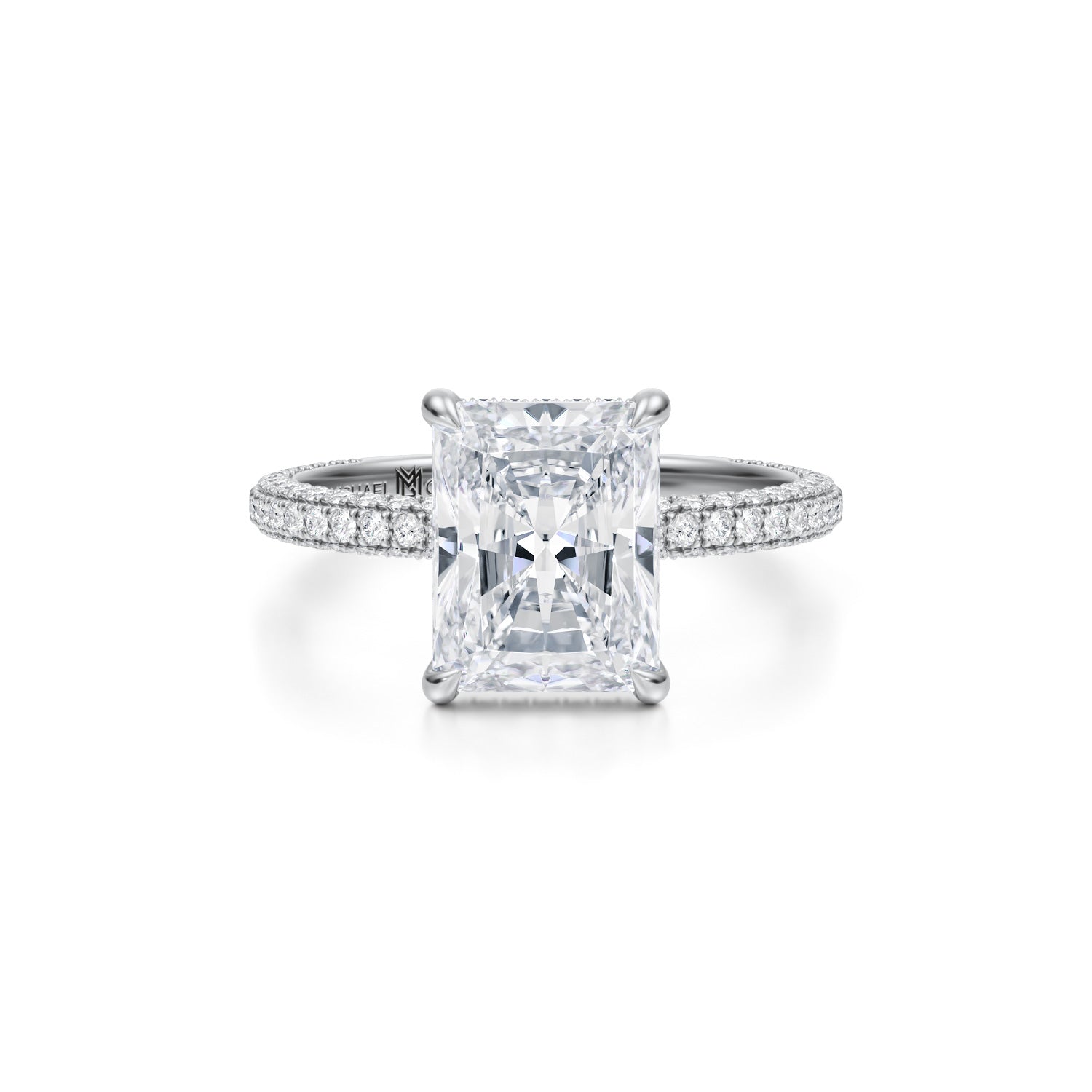 Radiant Invisible Halo With Trio Pave Ring (3.70 Carat G-VVS2) - Michael Gabriels