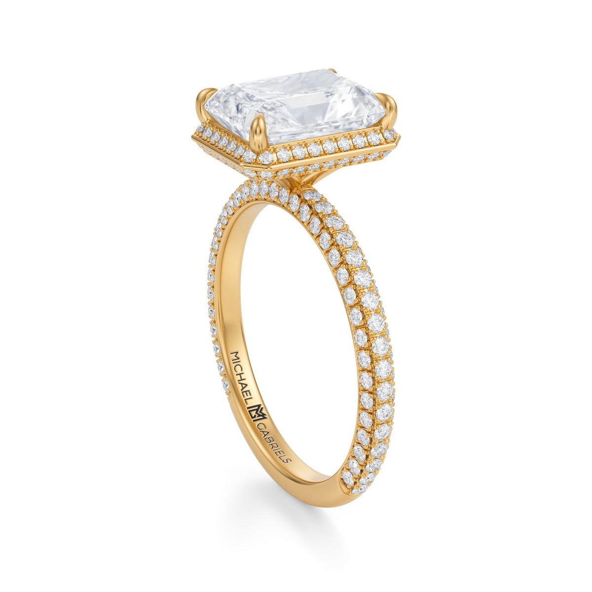 Radiant Knife Edge Halo With Trio Pave Ring (3.70 Carat E-VVS2) - Michael Gabriels