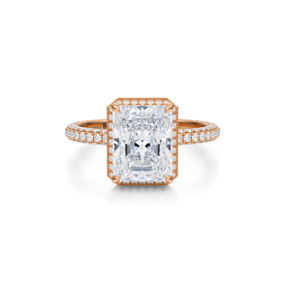 Radiant Knife Edge Halo With Trio Pave Ring (3.70 Carat E-VVS2) - Michael Gabriels