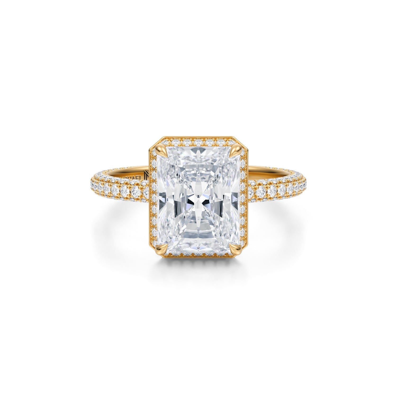 Radiant Knife Edge Halo With Trio Pave Ring (3.70 Carat E-VVS2) - Michael Gabriels