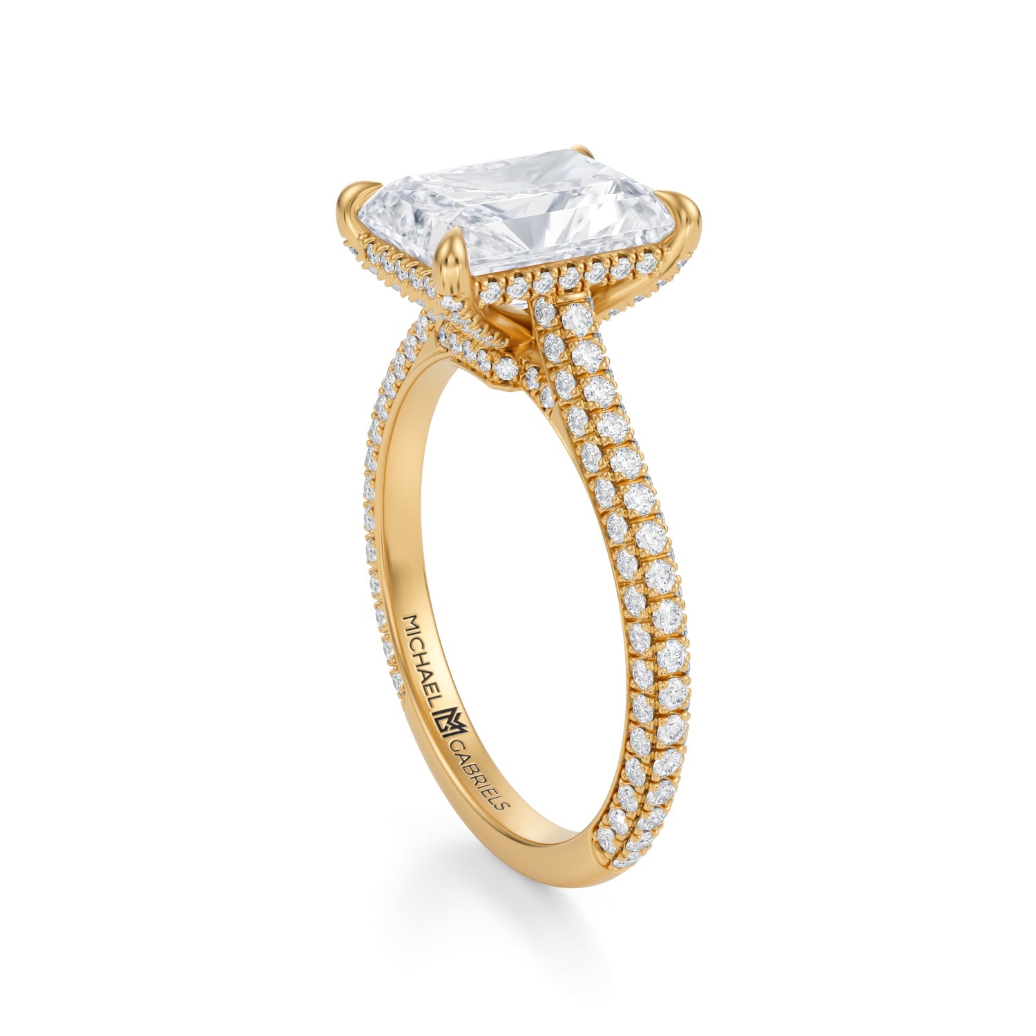Radiant Trio Pave Cathedral Ring With Low Pave Basket (3.40 Carat F-VVS2) - Michael Gabriels