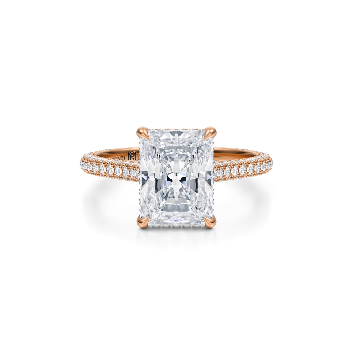 Radiant Trio Pave Cathedral Ring With Pave Basket (3.70 Carat E-VS1) - Michael Gabriels