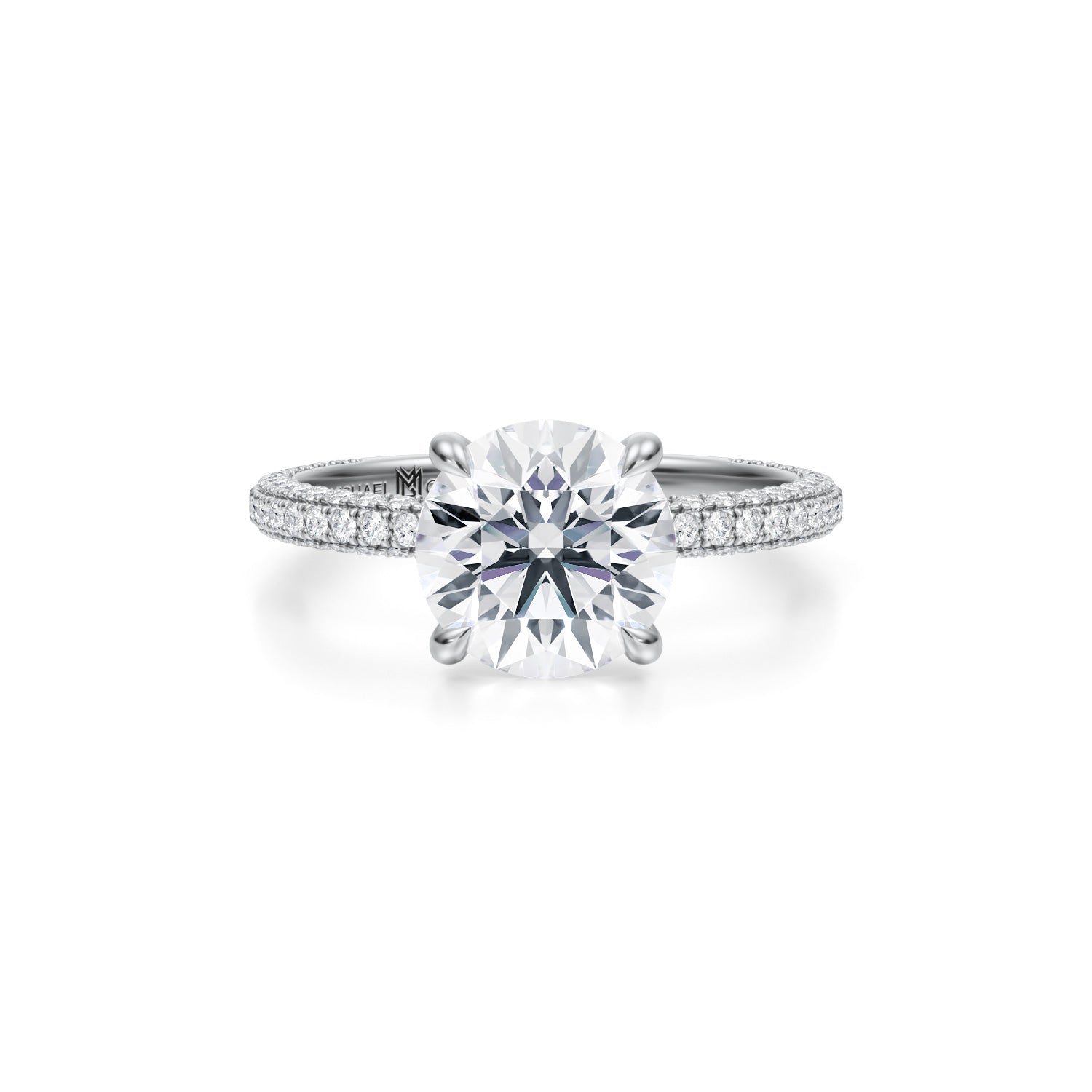 Round Double Edge Halo With Cathedral Trio Pave Ring (2.20 Carat E-VS1) - Michael Gabriels