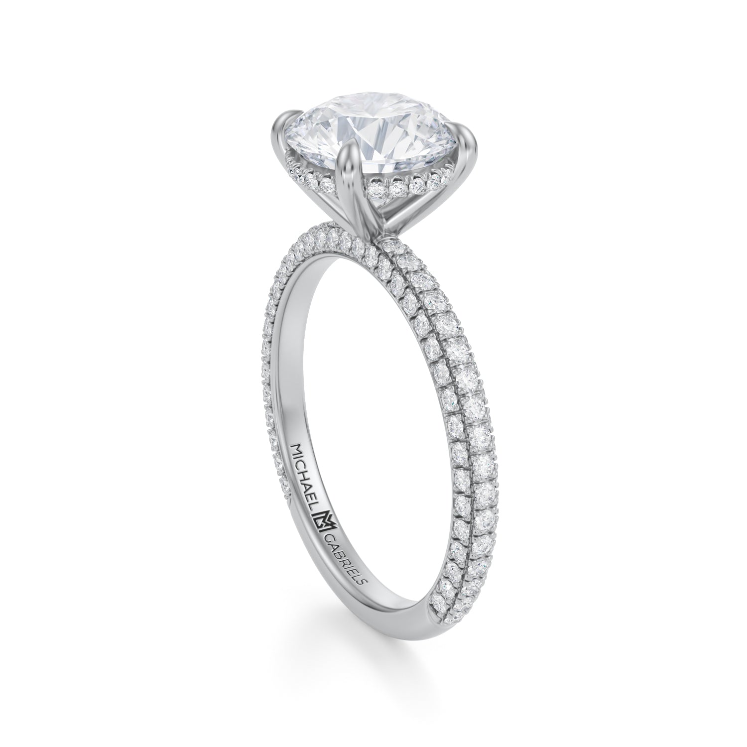 Round Invisible Halo With Trio Pave Ring (2.20 Carat E-VS1) - Michael Gabriels