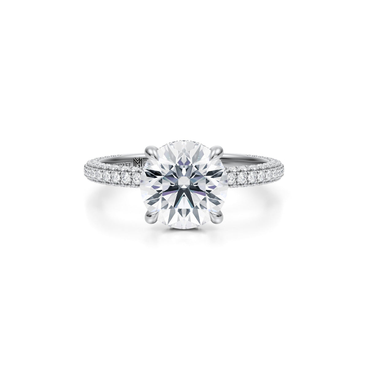 Round Invisible Halo With Trio Pave Ring (3.70 Carat F-VS1) - Michael Gabriels