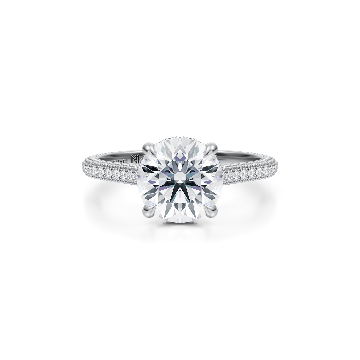 Round Trio Pave Cathedral Ring With Low Pave Basket (3.00 Carat E-VS1) - Michael Gabriels