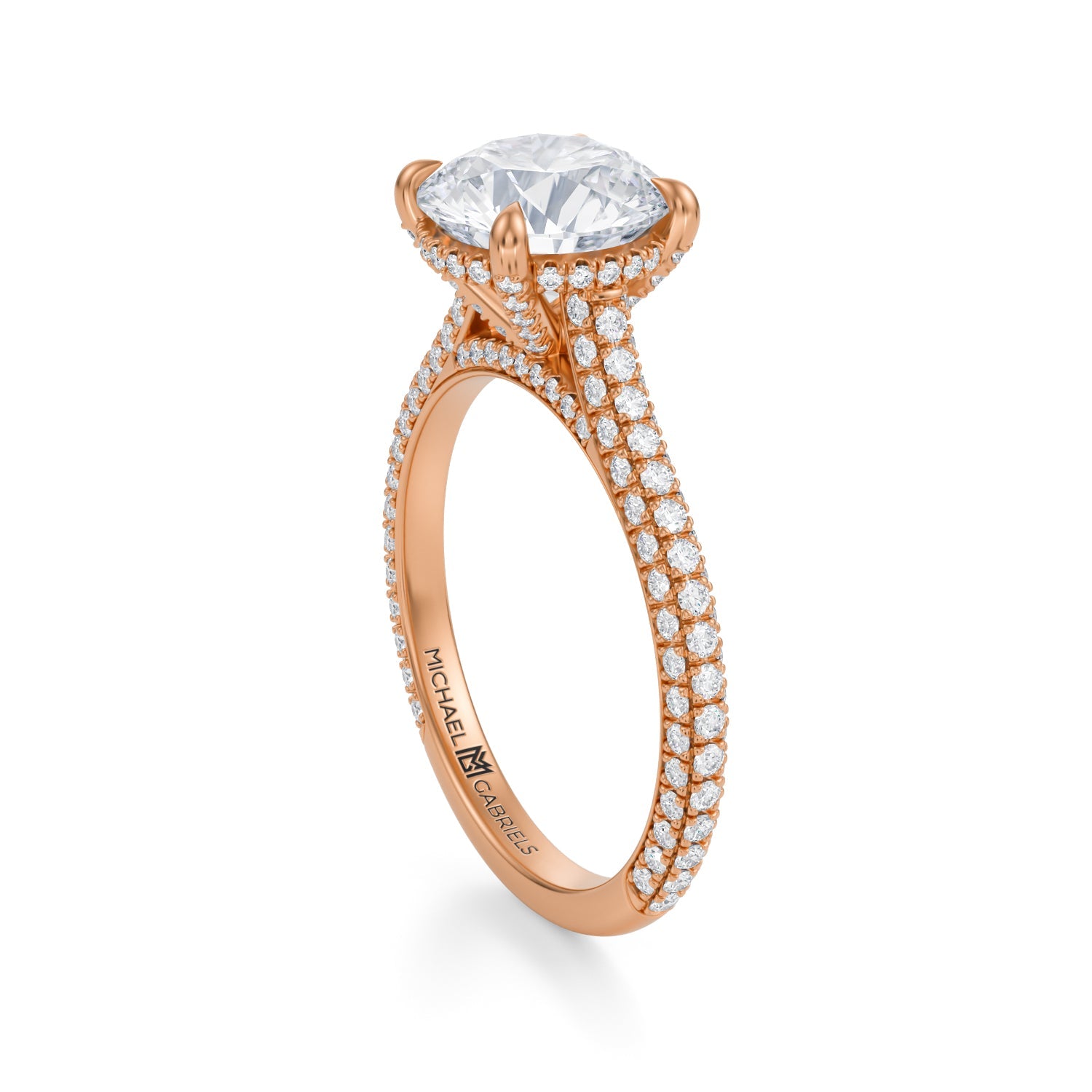 Round Trio Pave Cathedral Ring With Pave Basket (3.00 Carat D-VVS2) - Michael Gabriels