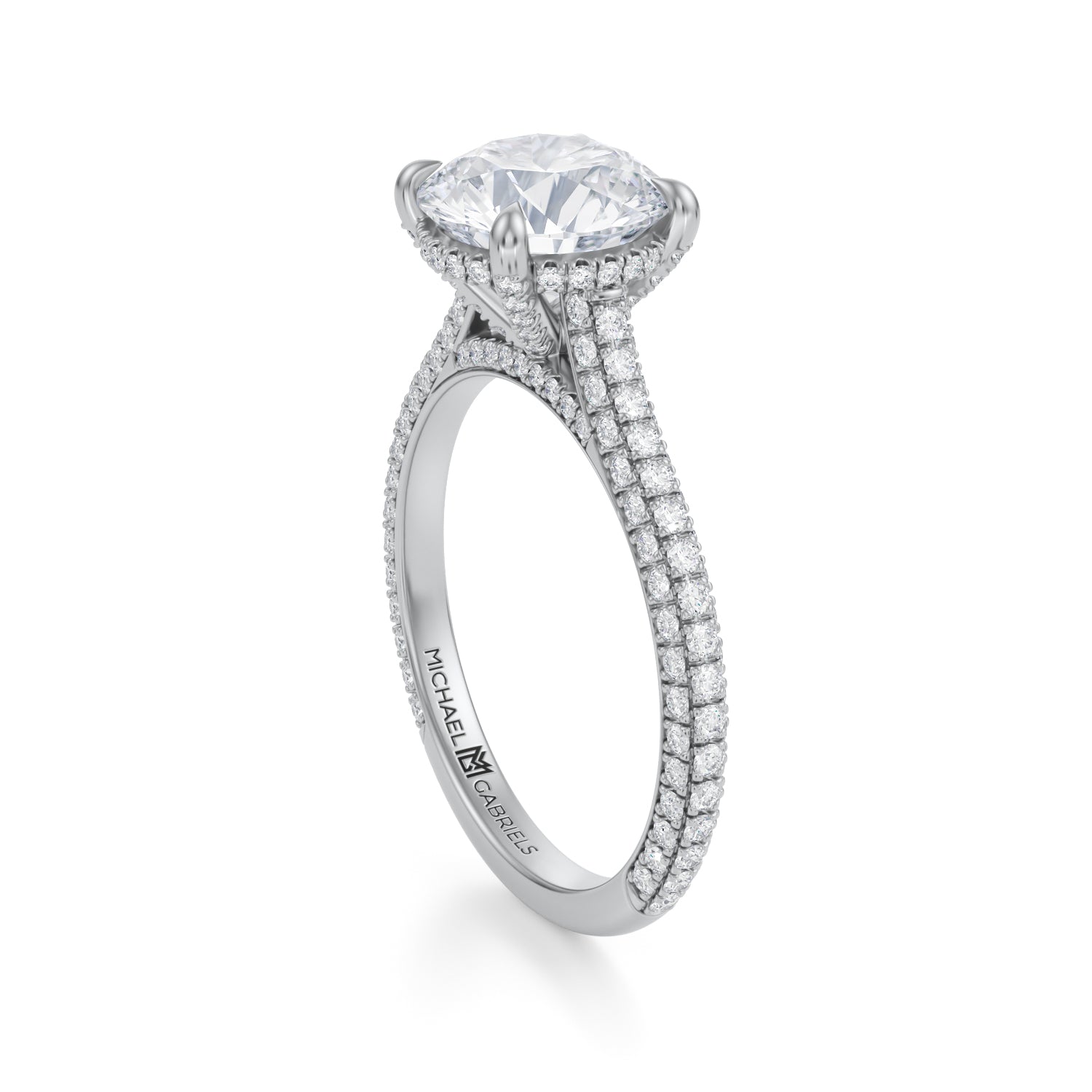 Round Trio Pave Cathedral Ring With Pave Basket (3.70 Carat F-VS1) - Michael Gabriels
