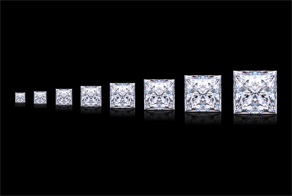 Varying sizes of lab grown princess cut diamonds