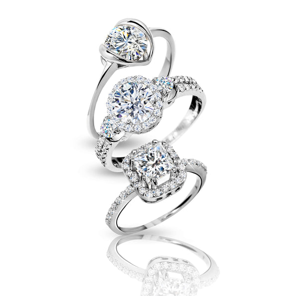 Three lab-grown diamond engagement rings