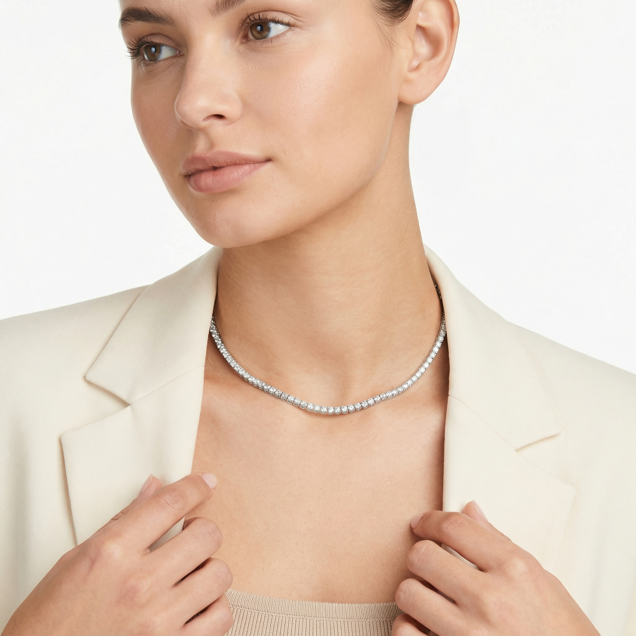 13 carat round lab grown diamond tennis necklace in 14k white gold on neck by Michael Gabriels