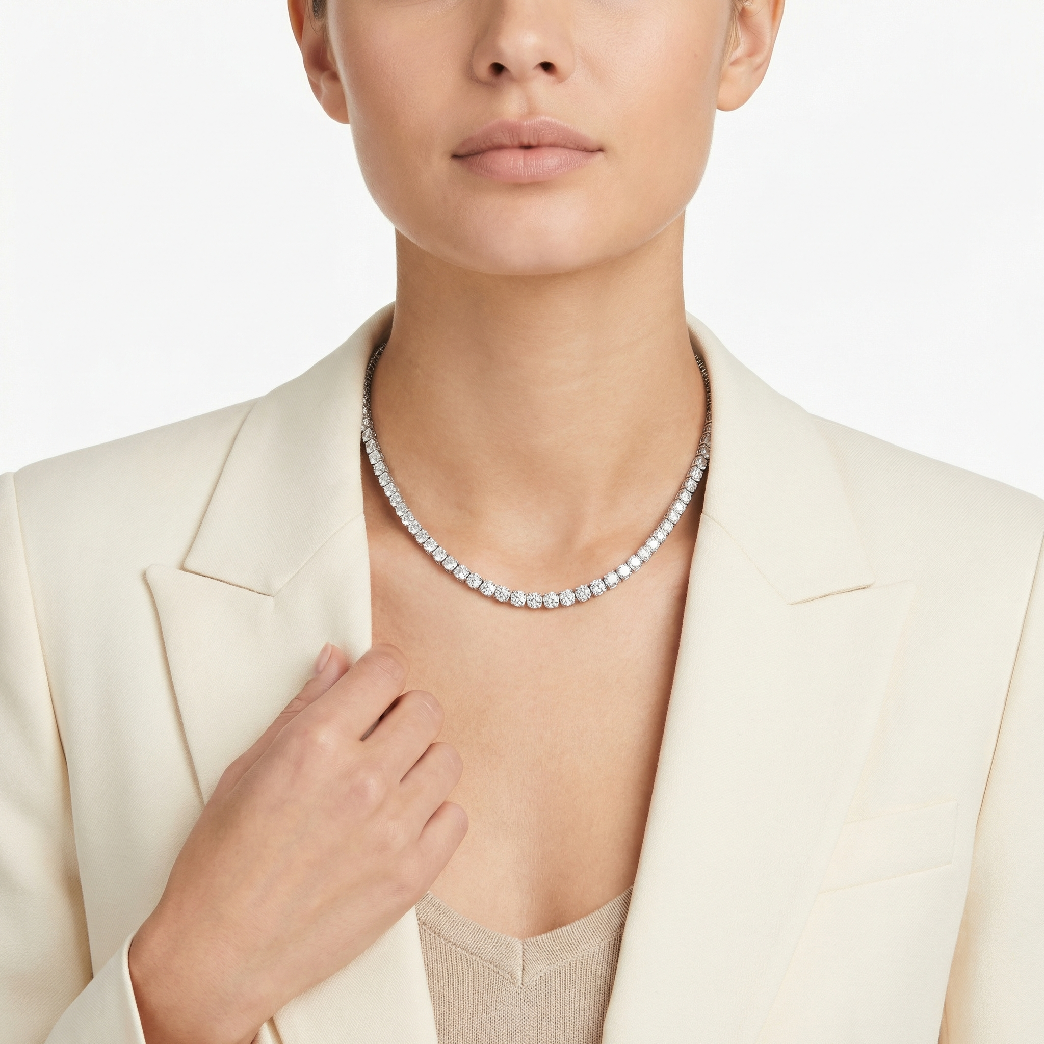 20 carat round lab grown diamond tennis necklace in 14k white gold on neck by Michael Gabriels