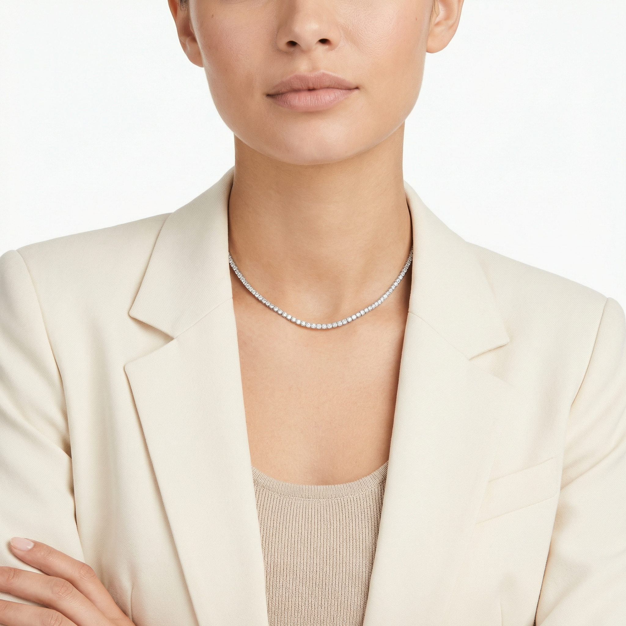 5 carat round lab grown diamond tennis necklace in 14k white gold on neck by Michael Gabriels