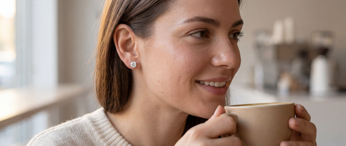 Image showing A Female wearing Lab Grown Diamond Stud Earring