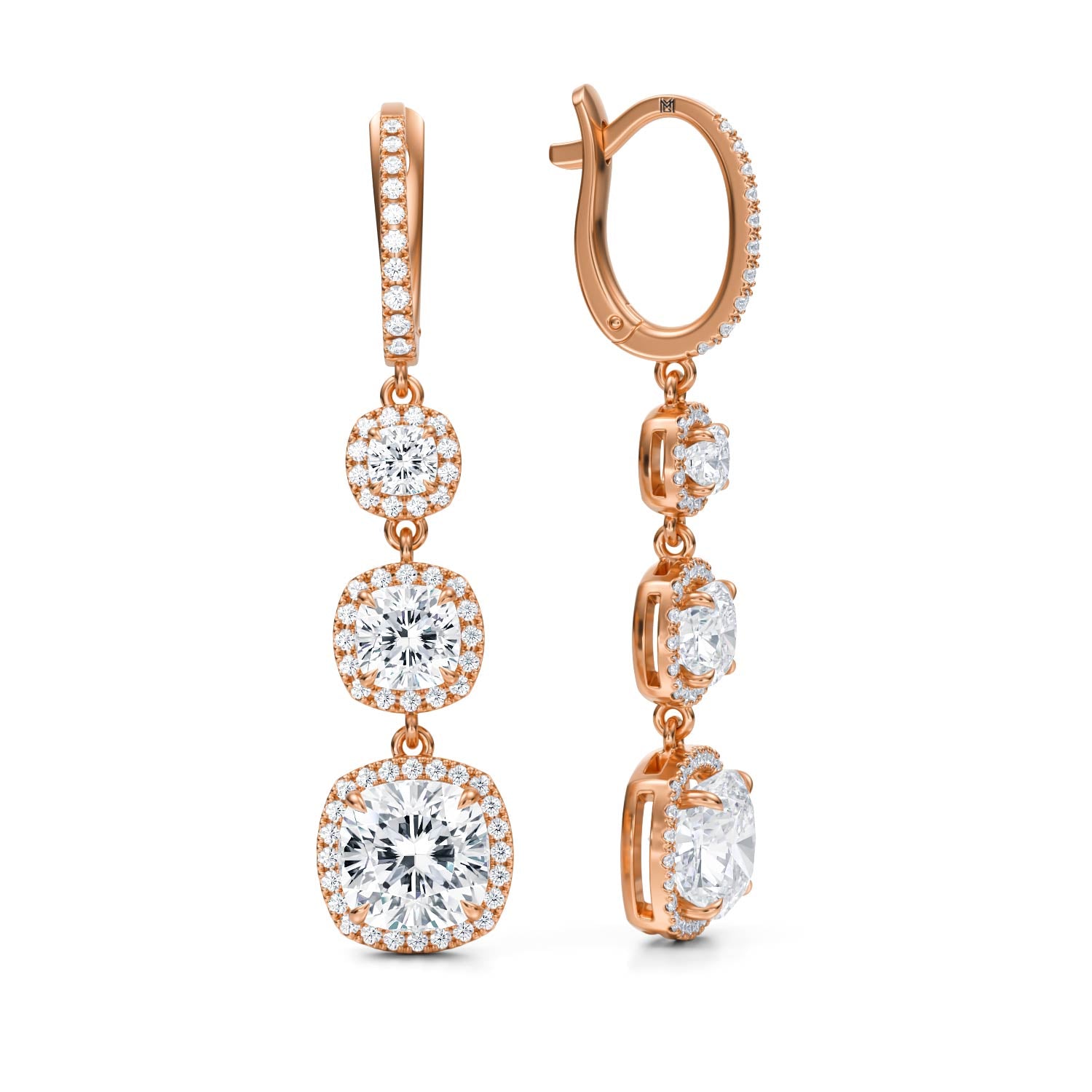 4 Carat Cushion Three Stone Halo Drop Earrings