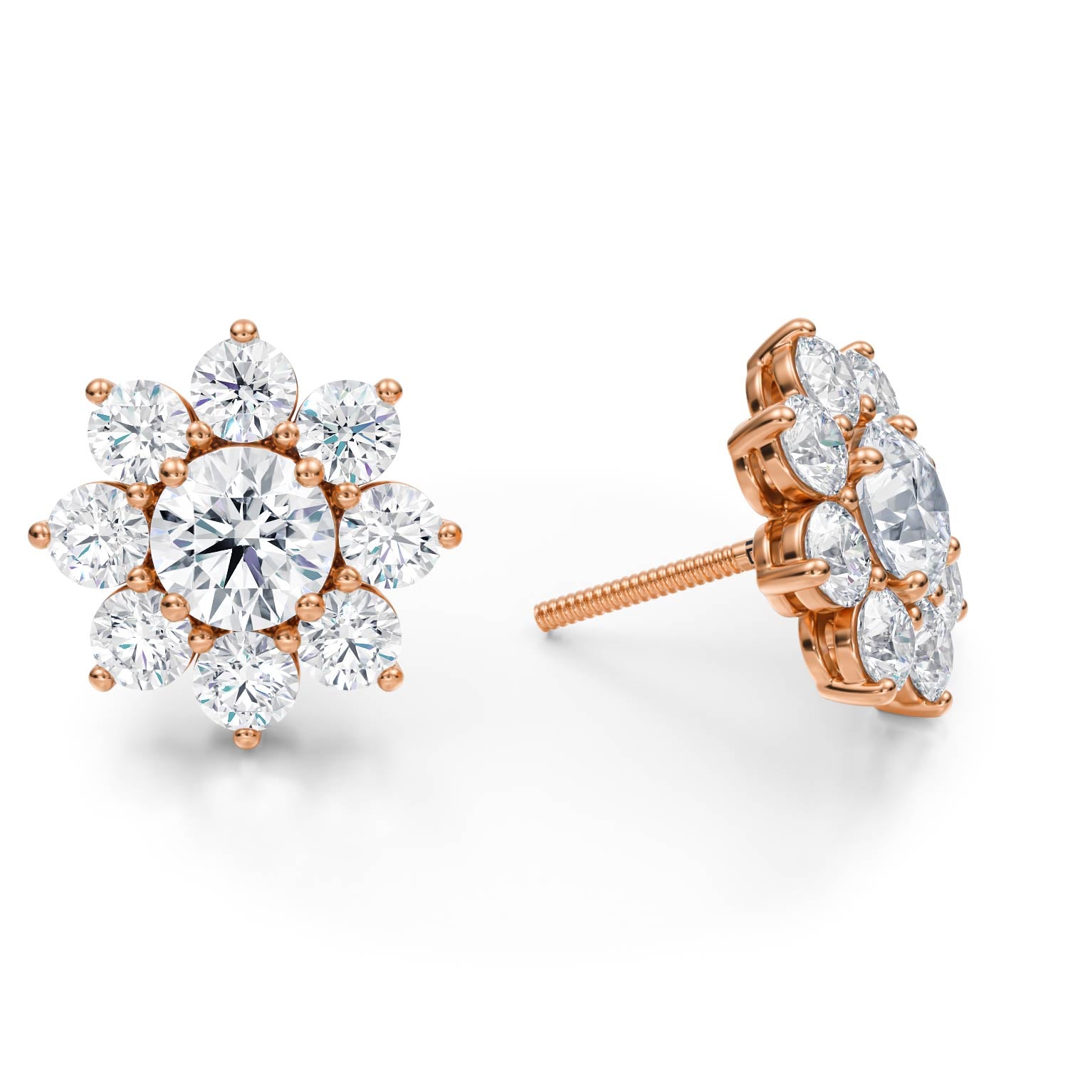 4 Carat Round Flower Cluster Stud Earrings