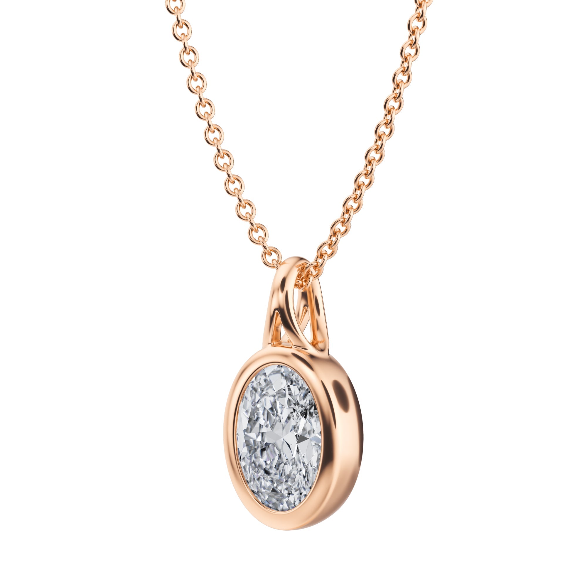 Charming 1 Carat Oval Lab Grown Diamond Necklace in Bezel Style in Pink Gold