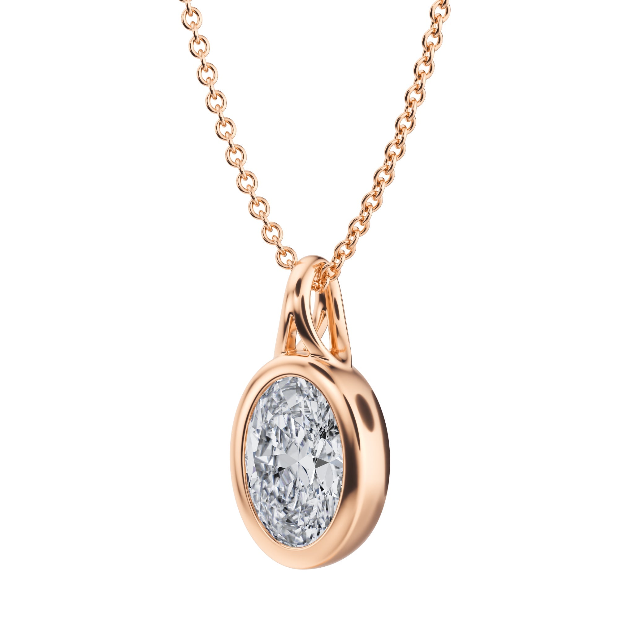 Oval Lab Grown Diamond Bezel Necklace in Pink Gold - 1.5 Carats of Elegance