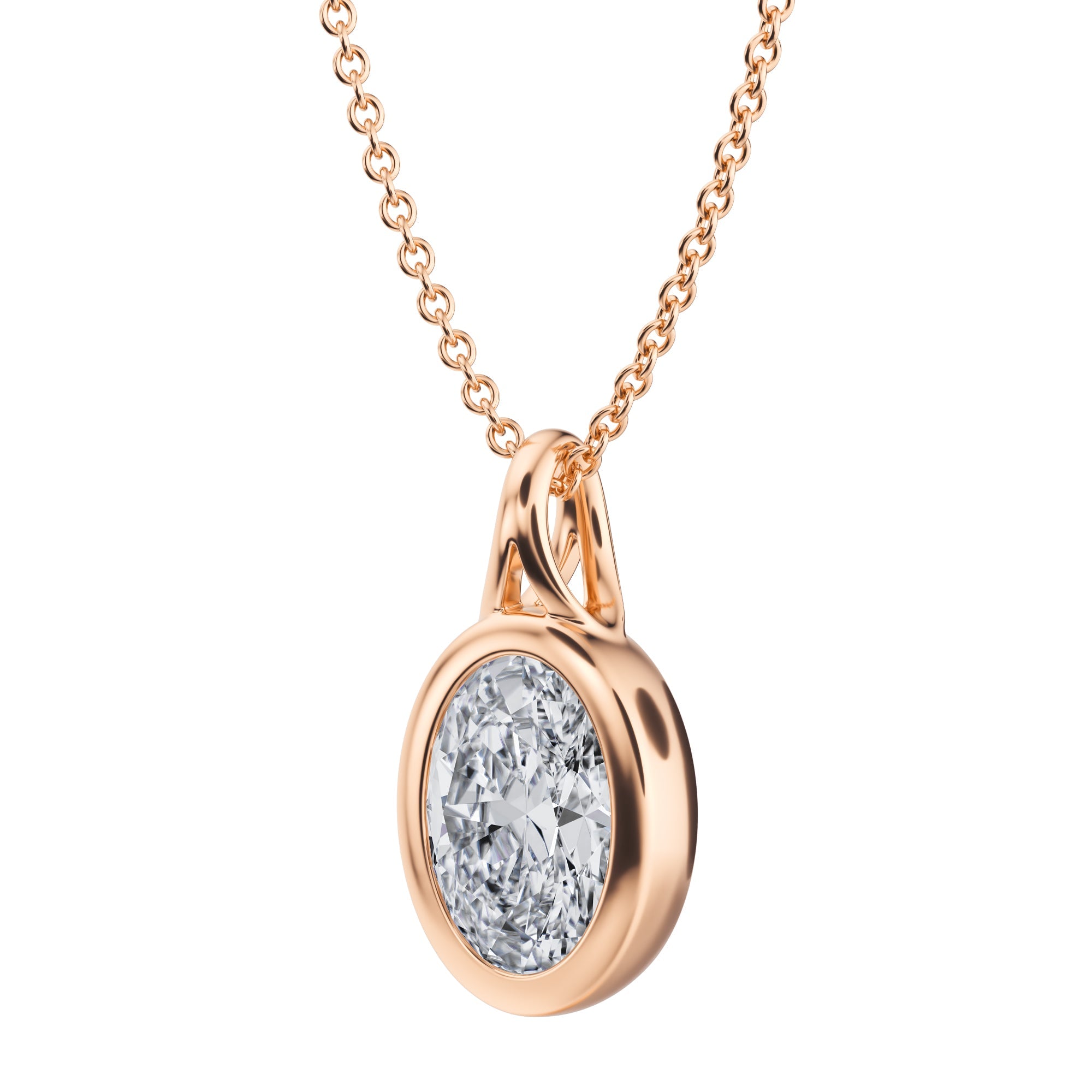 Luxurious 2 Carat Oval Lab Grown Diamond Bezel Necklace in Pink Gold